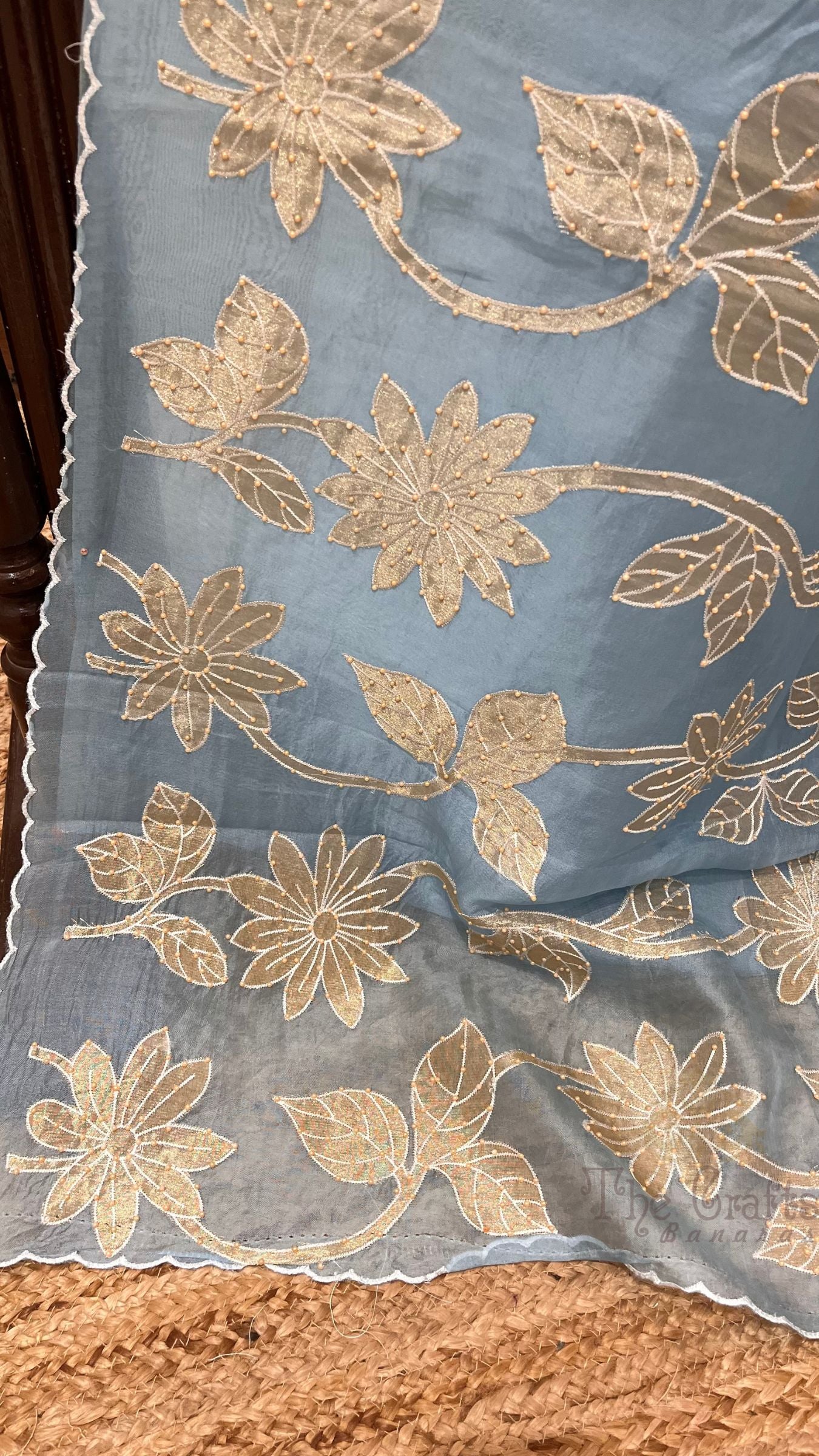 Pure Kora Organza Silk Banarasi Saree -  Applique work with Handwork Motifs