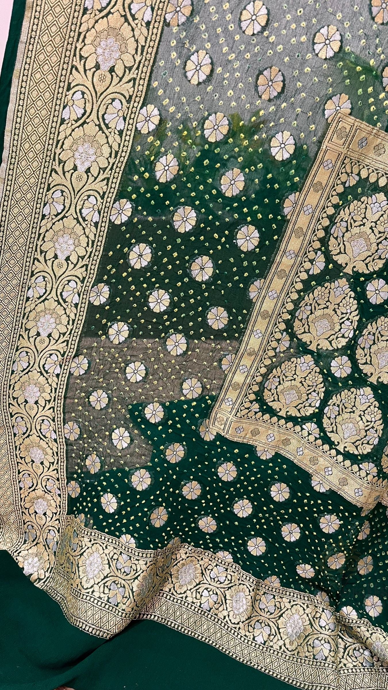 Pure Georgette Banarasi Handloom Bandhej Saree - All over Sona rupa Jaal work