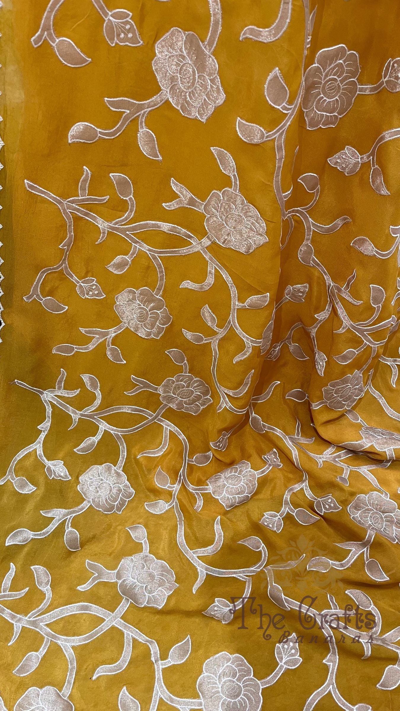 Pure Crepe Silk Banarasi Saree - Floral Appliqué Work