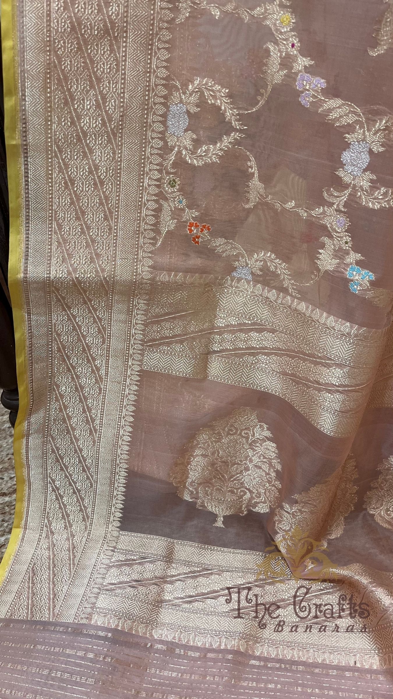Pure Kora Silk Handloom Banarasi Saree - Gold Zari Jangla with Meenakari Bootis
