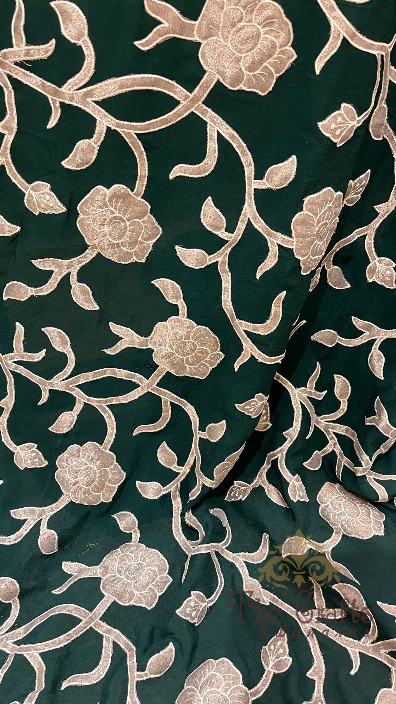 Pure Crepe Silk Banarasi Saree - Floral Appliqué Work