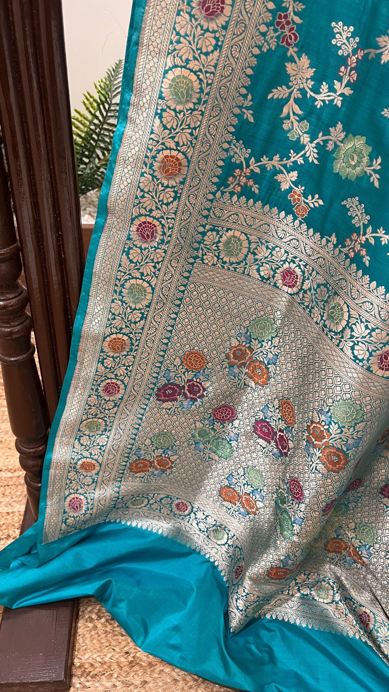 Pure Katan Silk Handloom Banarasi Saree - Jaal With Meenakari