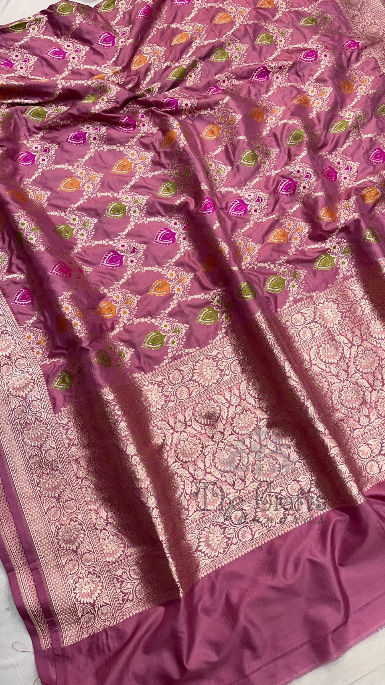 Pure Katan Silk Banarasi Handloom Dupatta - Jaal with  meenakari