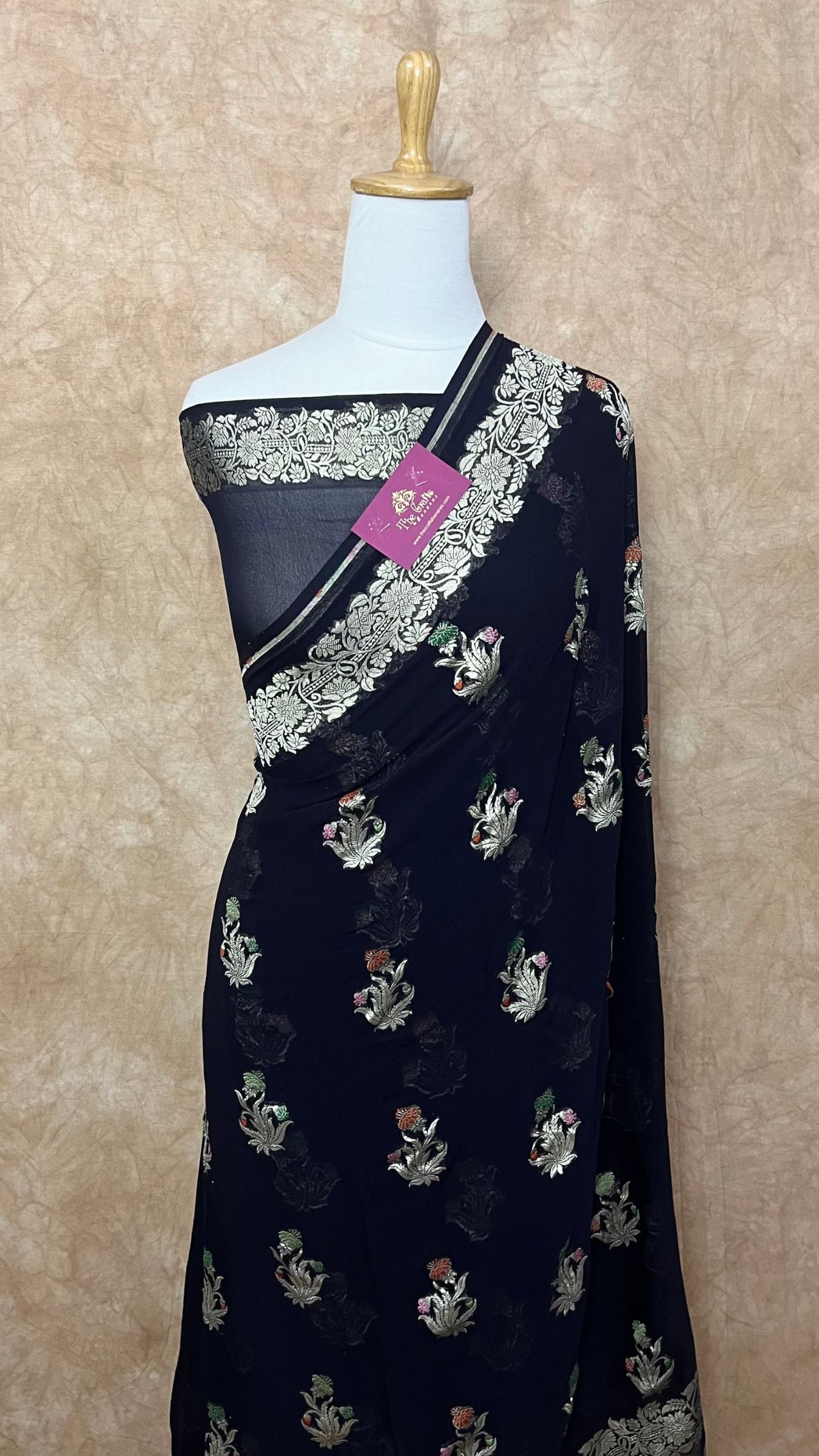 Khaddi Georgette Handloom Banarasi Saree - Jaal with Meenakari