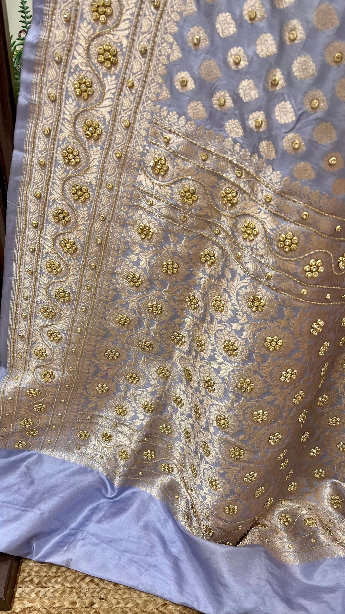 Pure Katan Silk Handloom Banarasi Saree - Jaal work with Handwork Zardozi Cut Dana and Stone Work