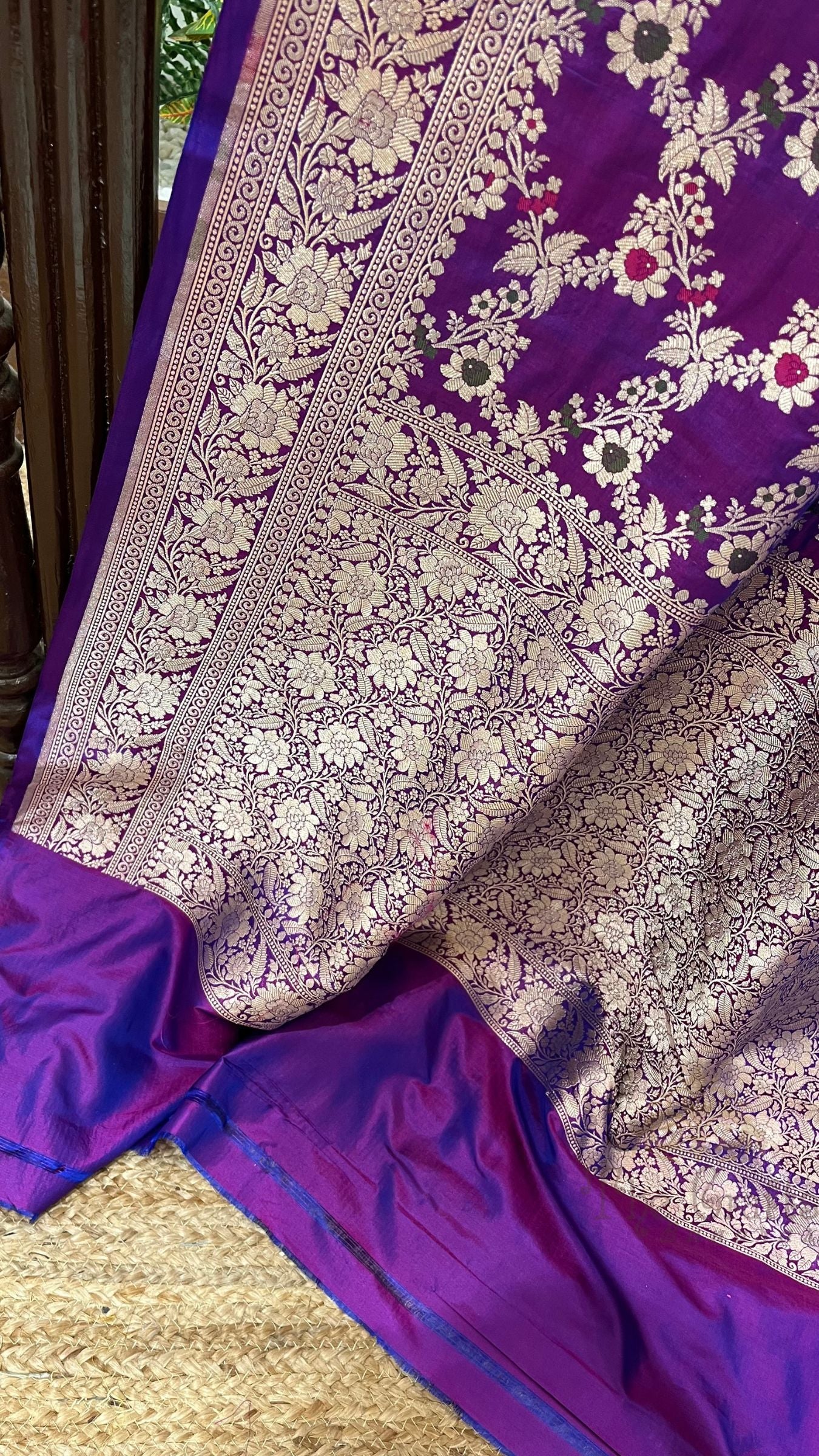 Pure Katan Silk Handloom Banarasi Saree - Jaal With Meenakari
