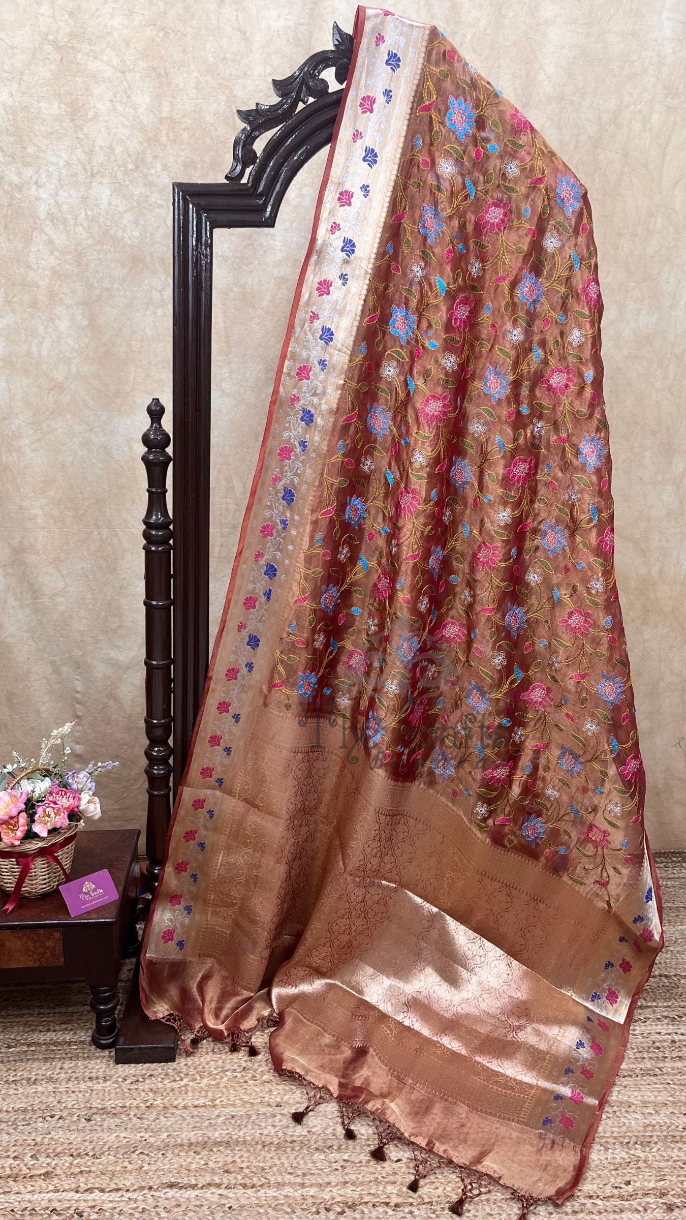 Pure Kora Ttissue Silk Handloom Banarasi Saree - With Chikankari All over