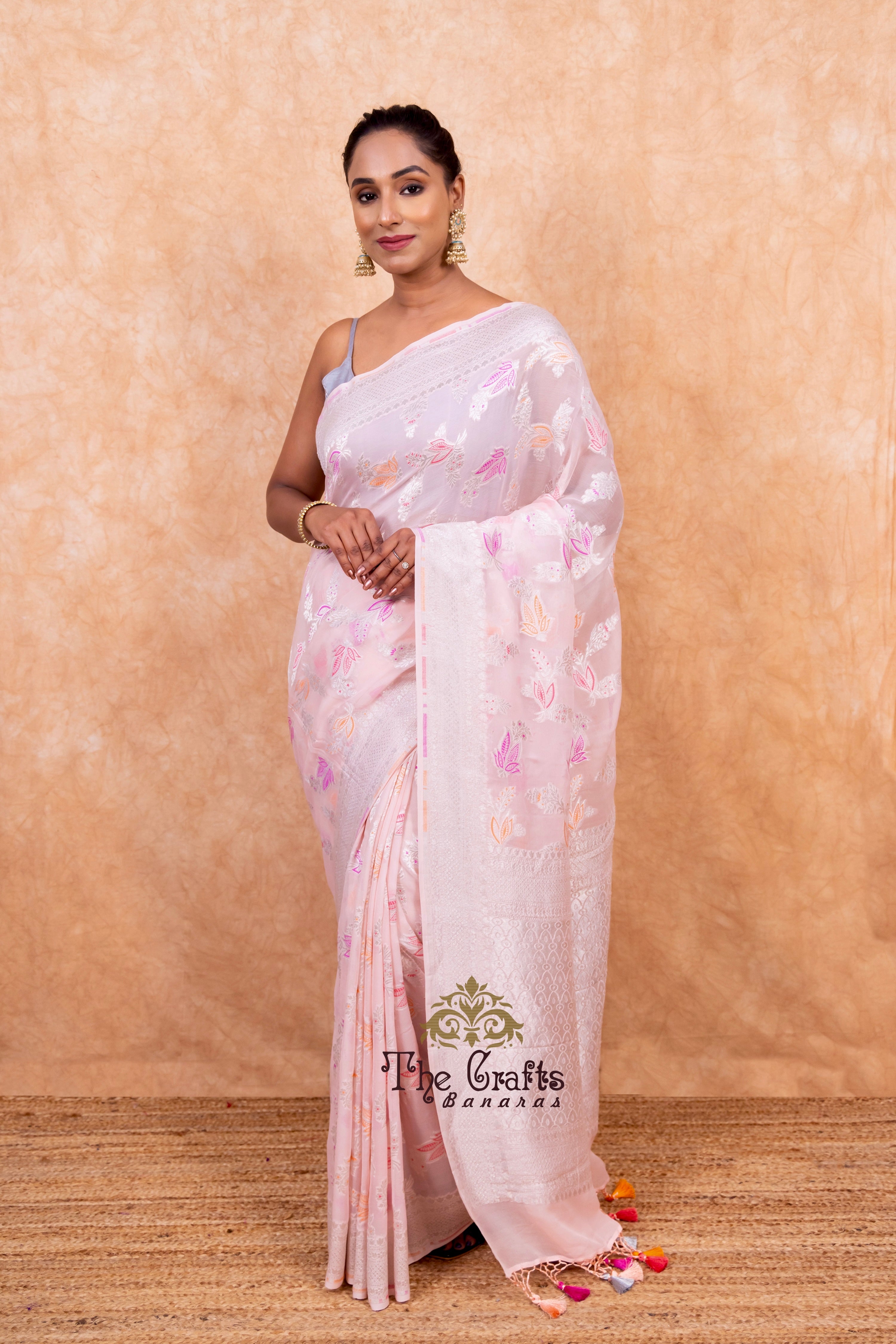 Khaddi Georgette Handloom Banarasi Saree - Jaal with Meenakari