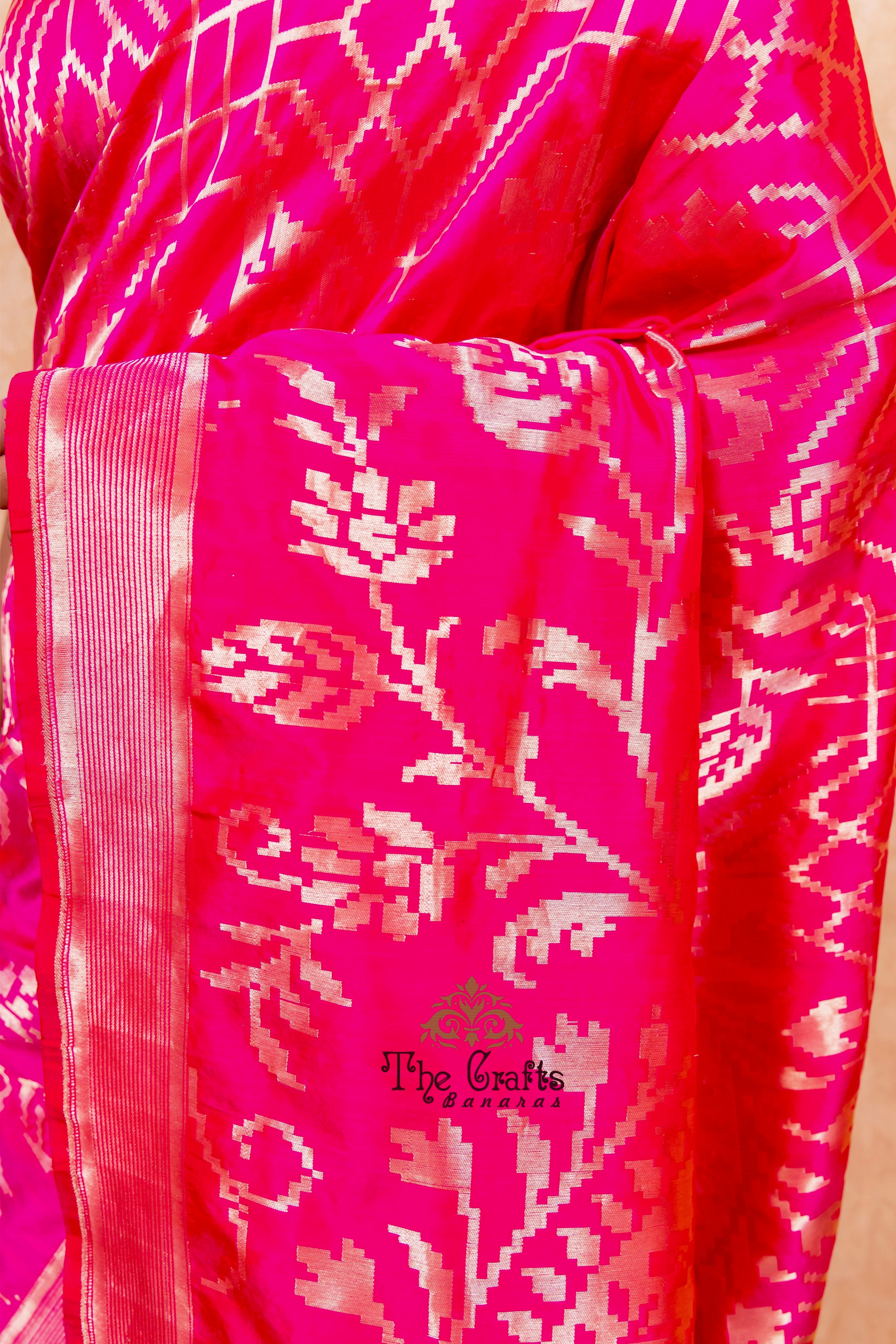 Hot Pink Pure Katan Silk Handloom Banarasi Saree - Jangla