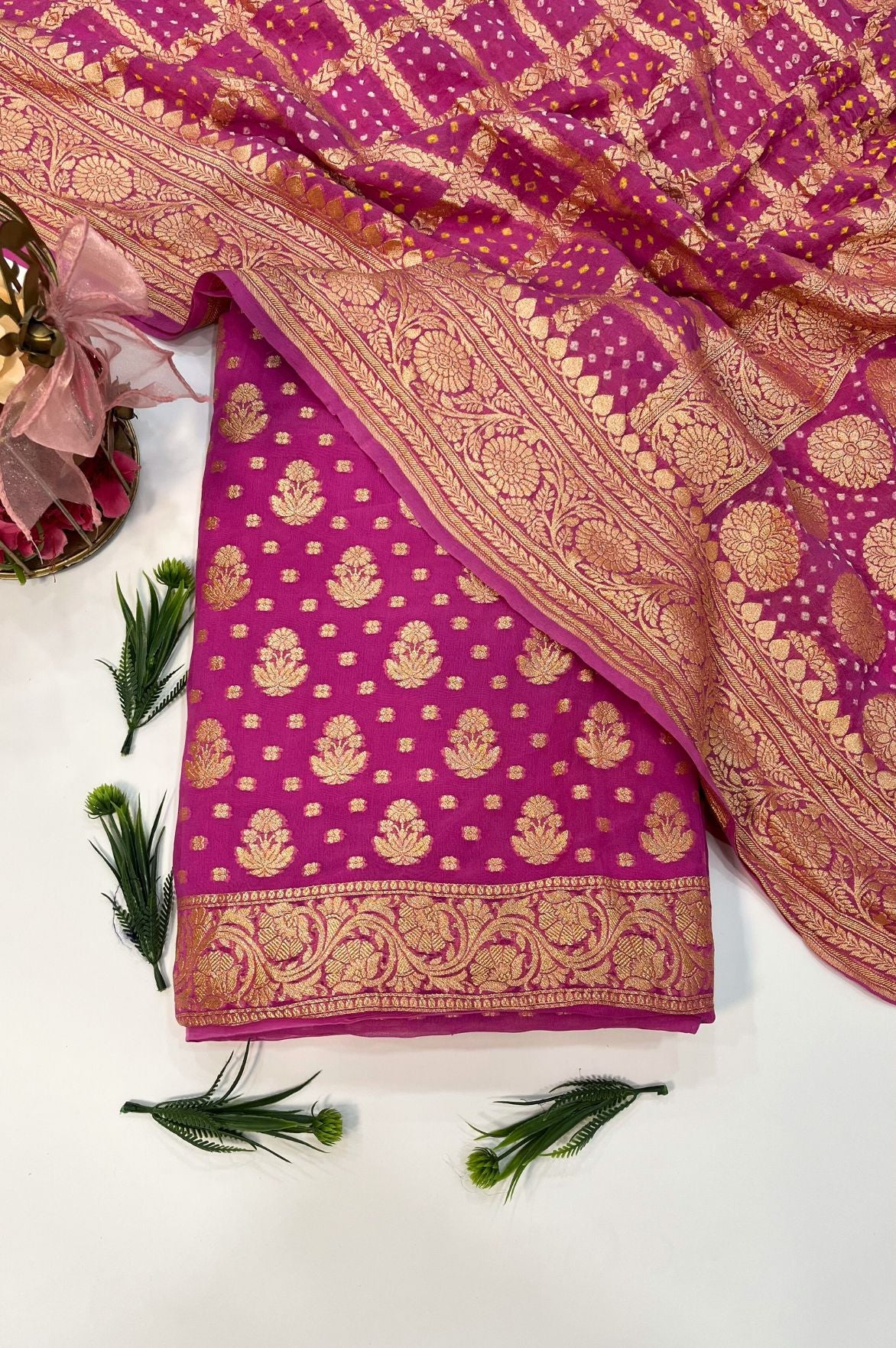 Khaddi Georgette Banarasi Dress Material With Bandhej Dupatta