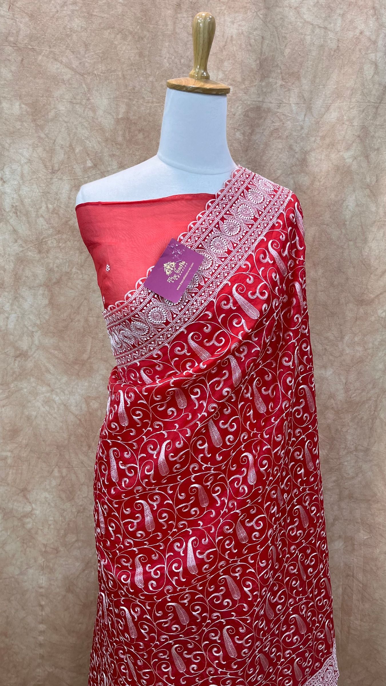 Pure Organza Silk Handloom Banarasi Saree - Chikankari all over