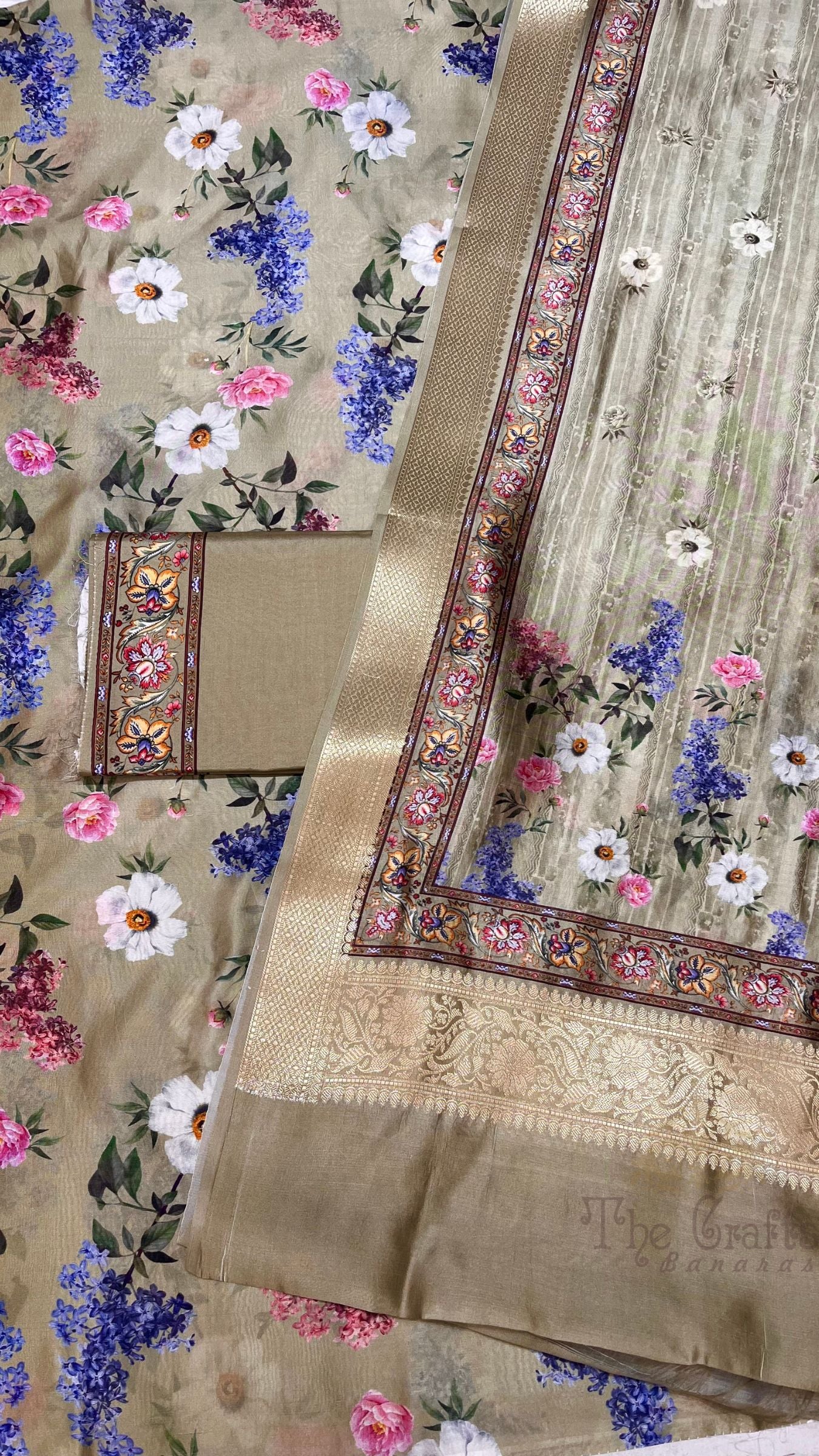 Pure Mango Silk Banarasi Dress Material - Digital Print All over