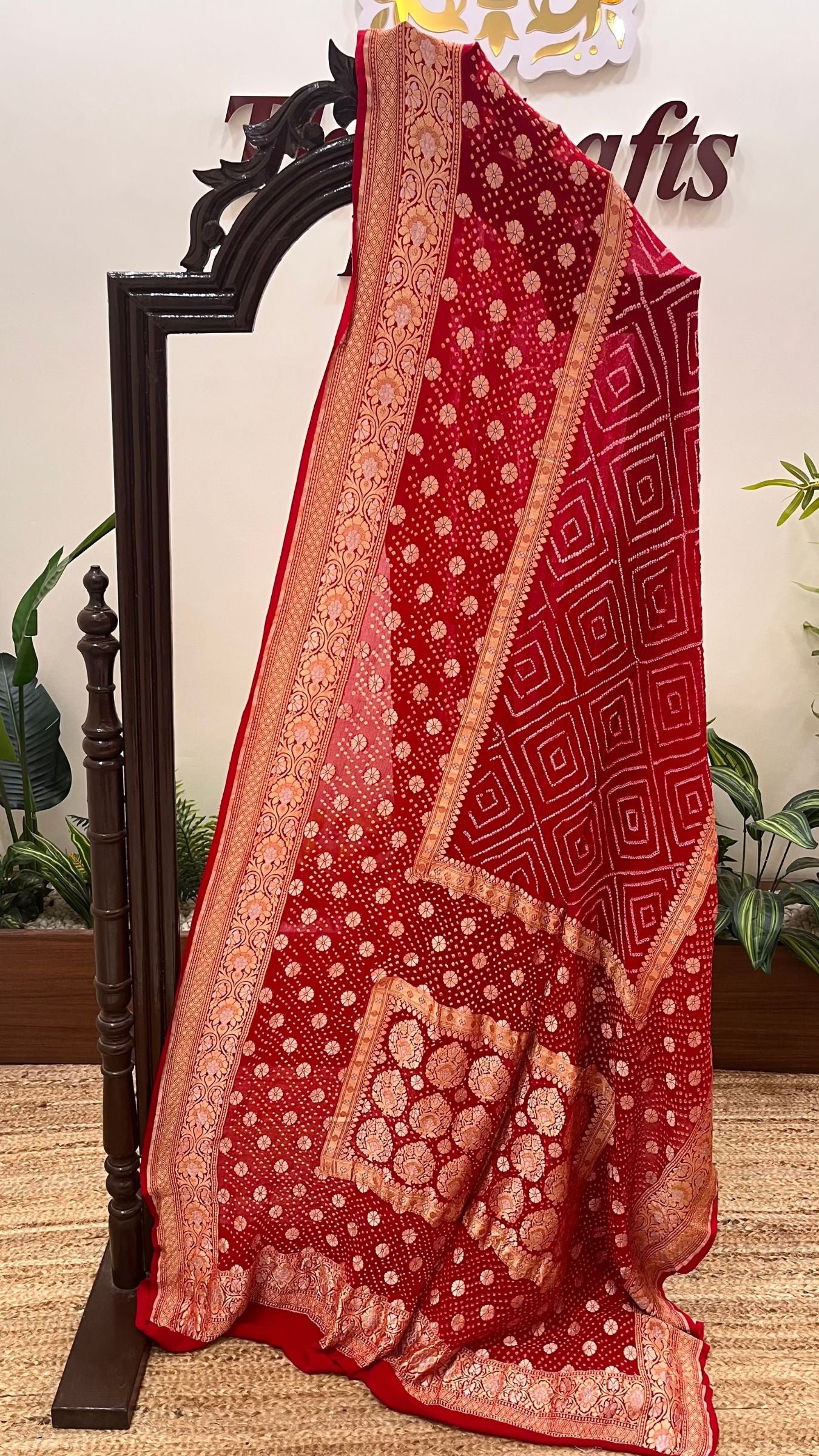 Pure Georgette Banarasi Handloom Bandhej Saree - All over Sona rupa Jaal work