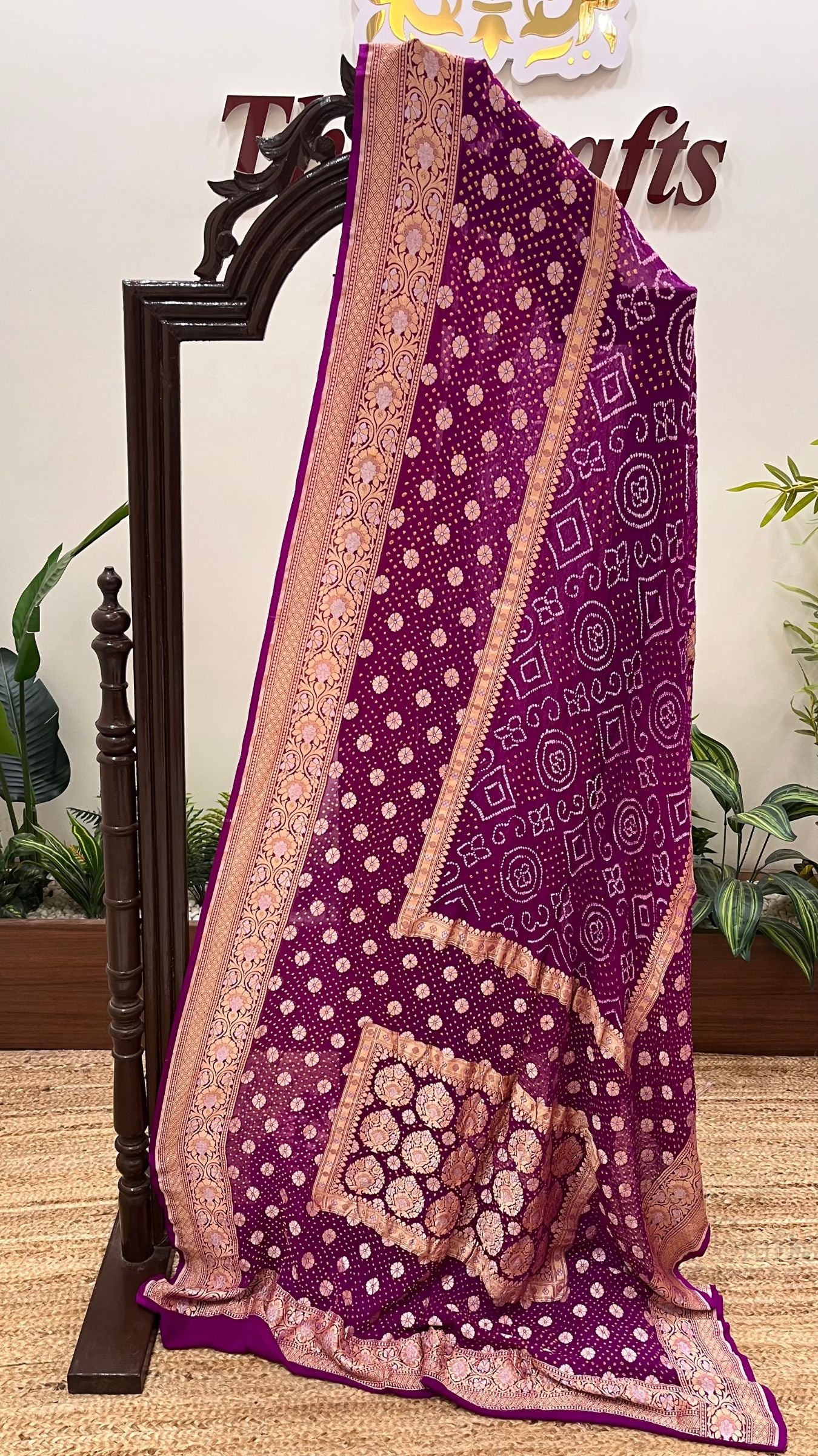 Pure Georgette Banarasi Handloom Bandhej Saree - All over Sona rupa Jaal work