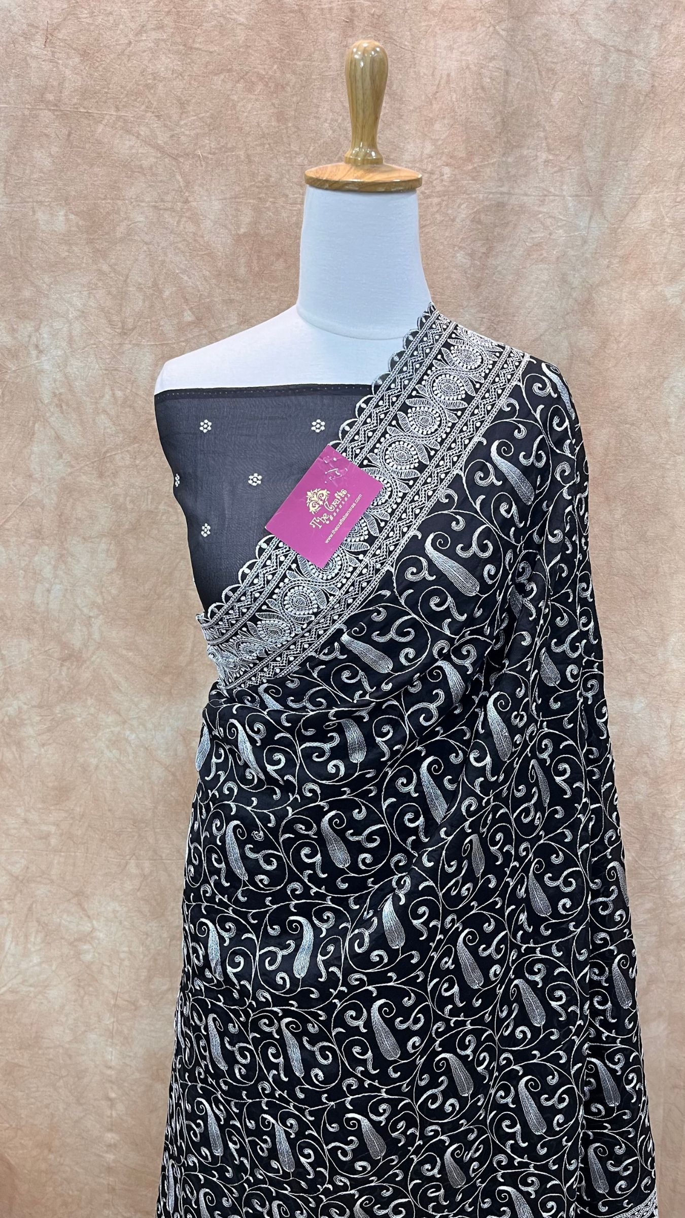 Pure Organza Silk Handloom Banarasi Saree - Chikankari all over