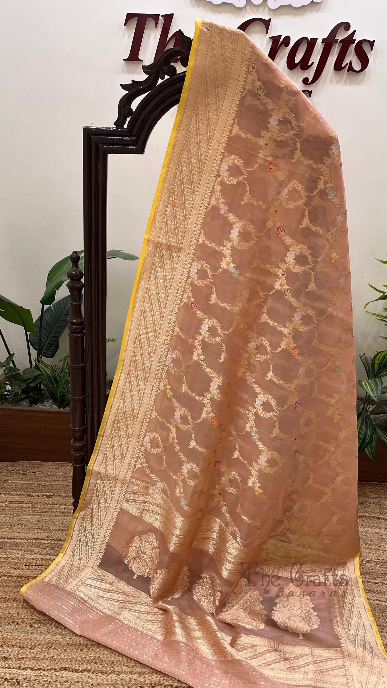 Pure Kora Silk Handloom Banarasi Saree - Gold Zari Jangla with Meenakari Bootis