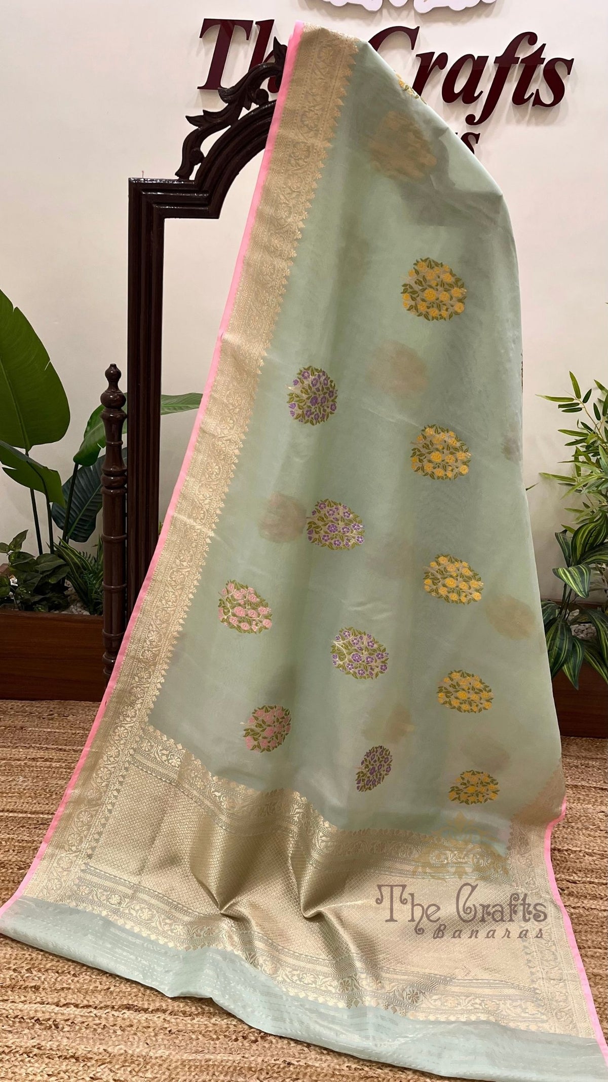 Pure Kora Silk Handloom Banarasi Saree - Kadhua Sona Rupa Bootis with Meenakari Border