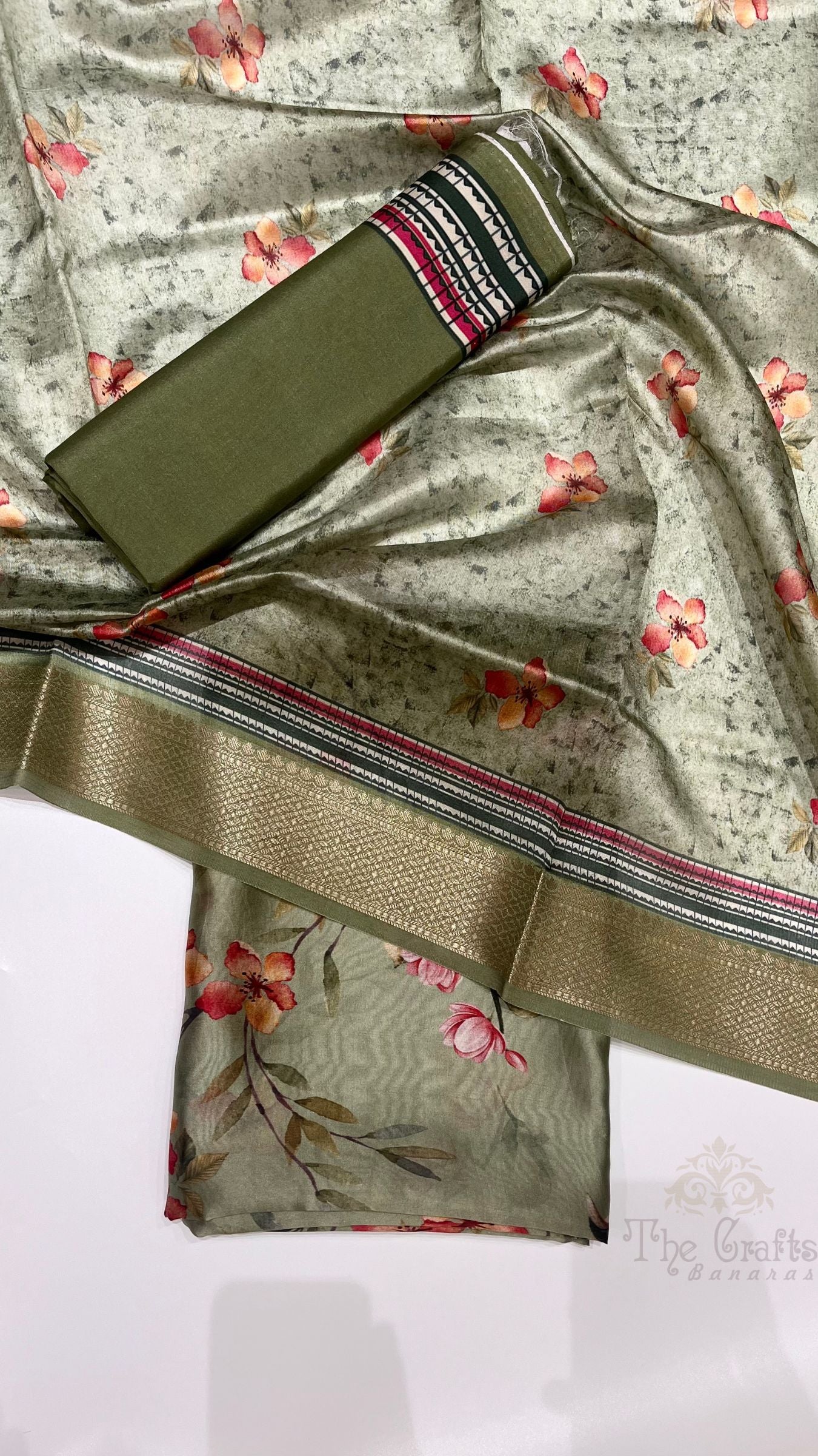 Pure Mango Silk Banarasi Dress Material - Digital Print All over