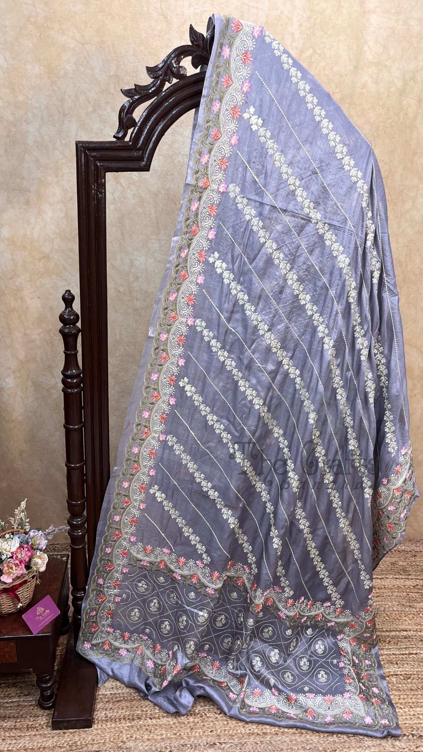 Pure Tussar Silk Chikankari Handloom Banarasi Saree
