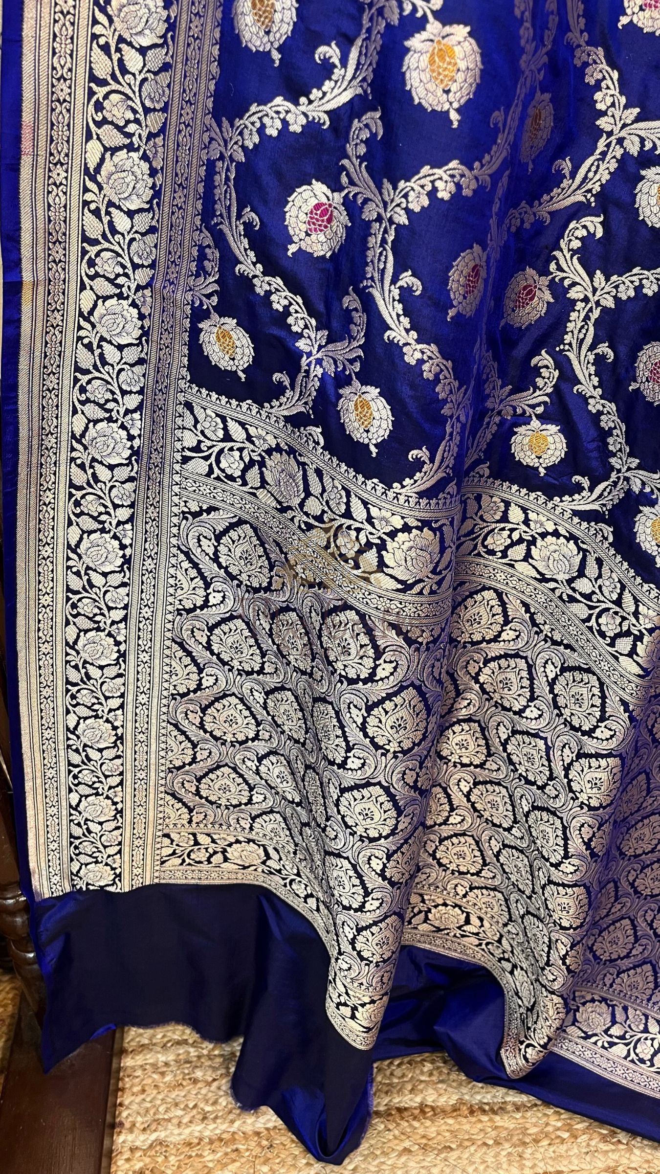 Pure Katan Silk Handloom Banarasi Saree - Jaal With Meenakari