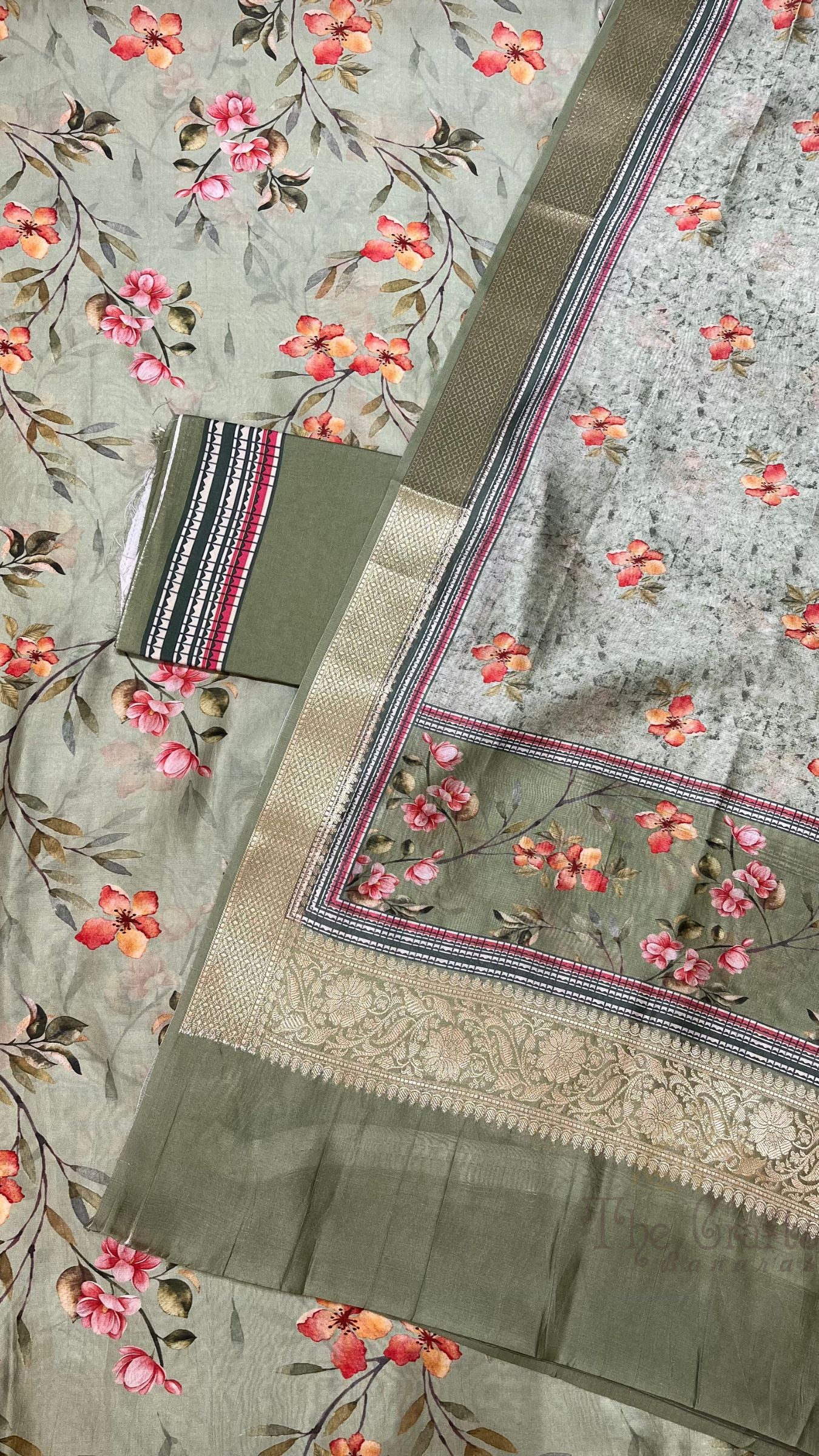 Pure Mango Silk Banarasi Dress Material - Digital Print All over