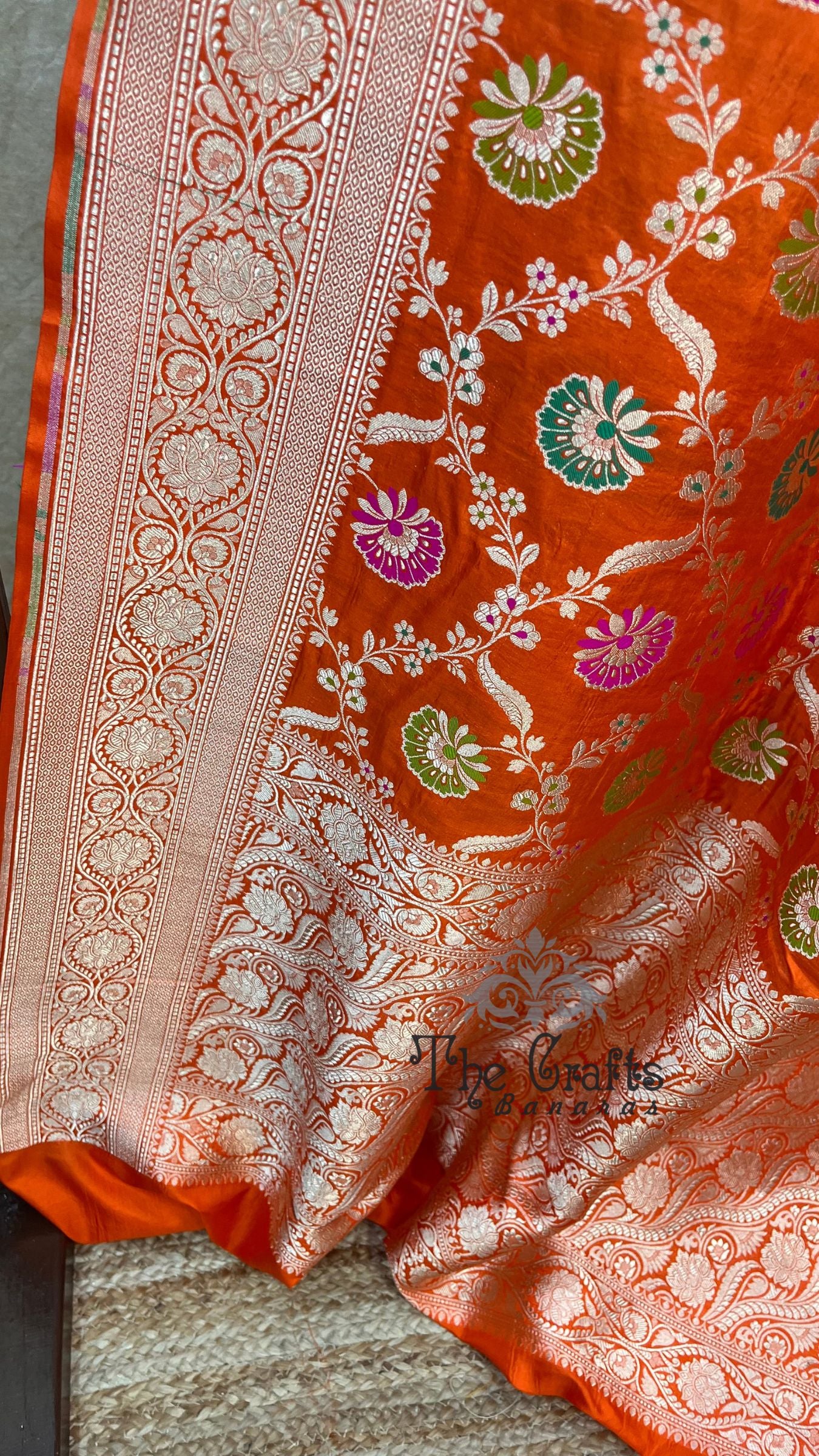 Pure Katan Silk Handloom Banarasi Saree - Jaal With Meenakari