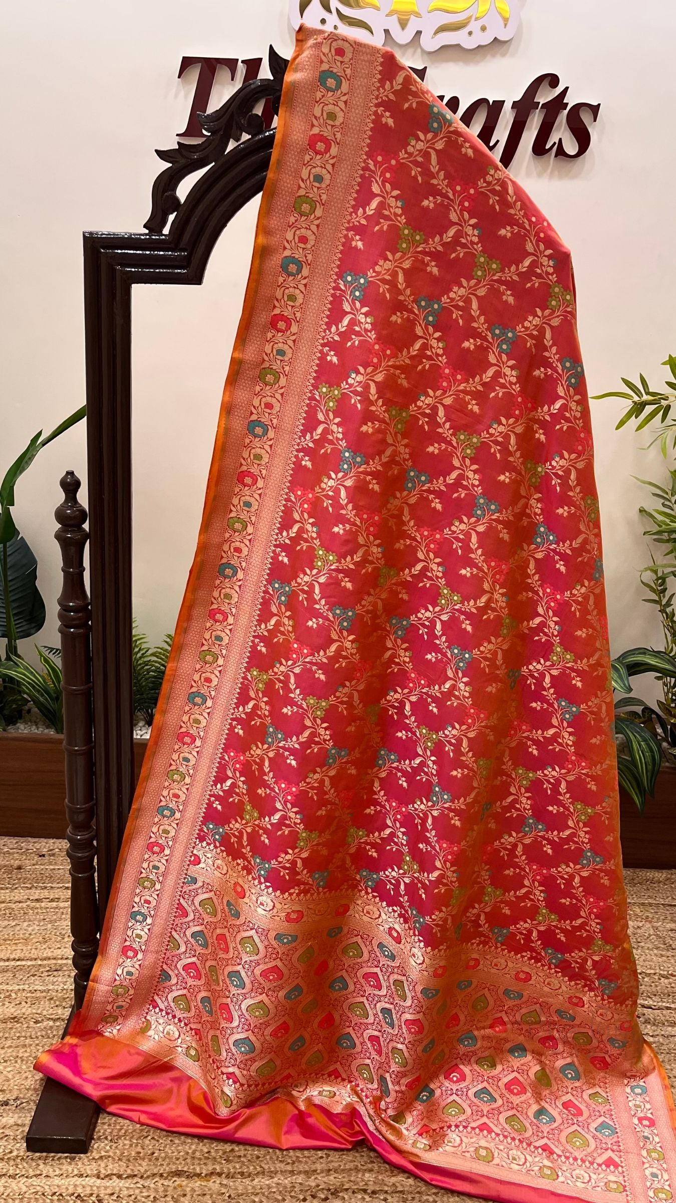 Pure Katan Silk Handloom Banarasi Saree - Jaal With Meenakari