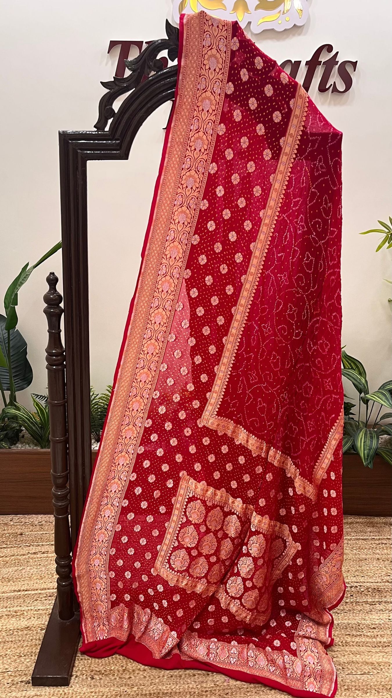 Pure Georgette Banarasi Handloom Bandhej Saree - All over Sona rupa Jaal work