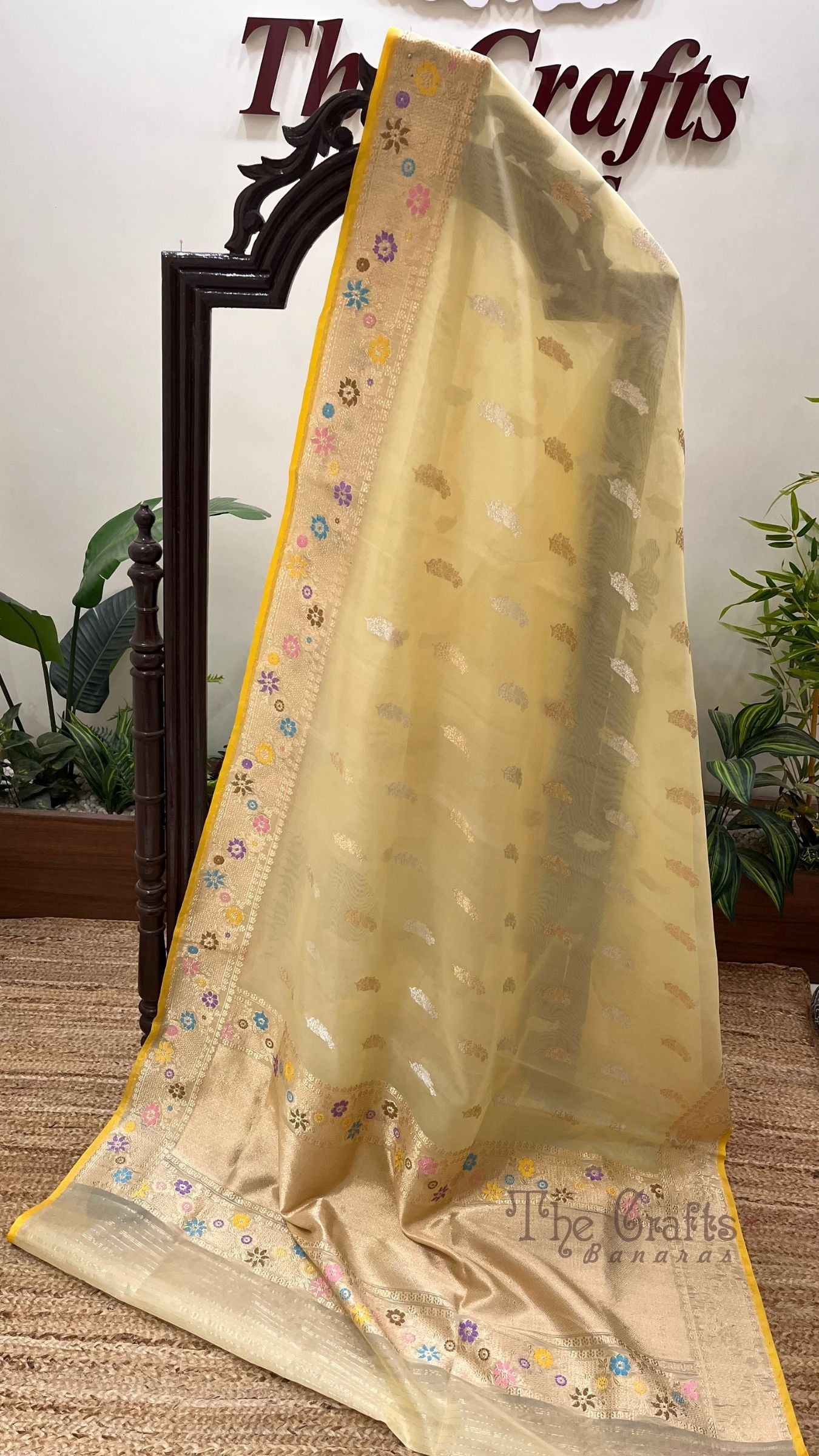 Pure Kora Silk Handloom Banarasi Saree - Kadhua Sona Rupa Bootis with Meenakari Border