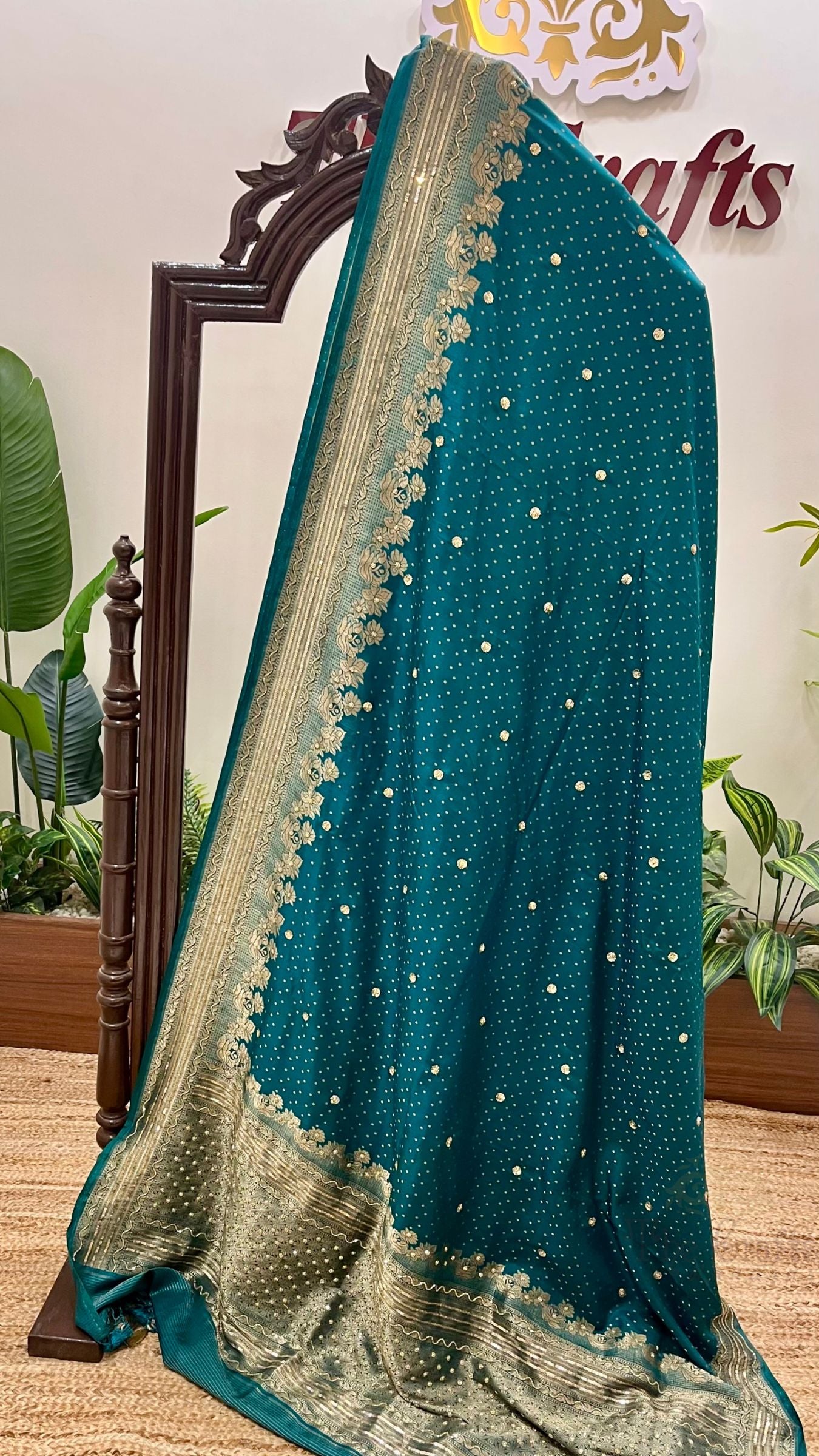 Pure Katan Silk Handloom Banarasi Saree - Chunri Buti with Sequence Cut Dana Work