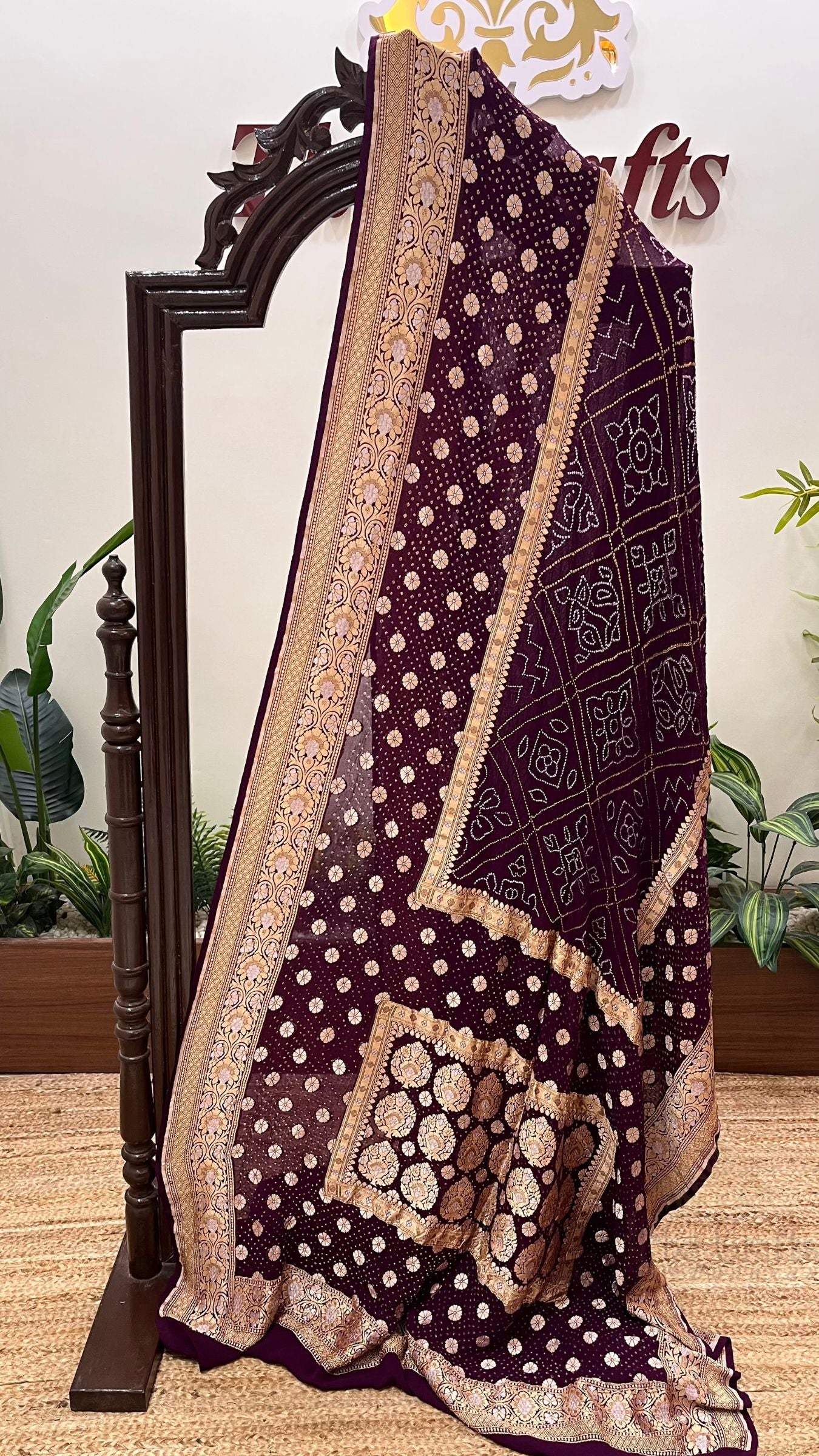 Pure Georgette Banarasi Handloom Bandhej Saree - All over Sona rupa Jaal work