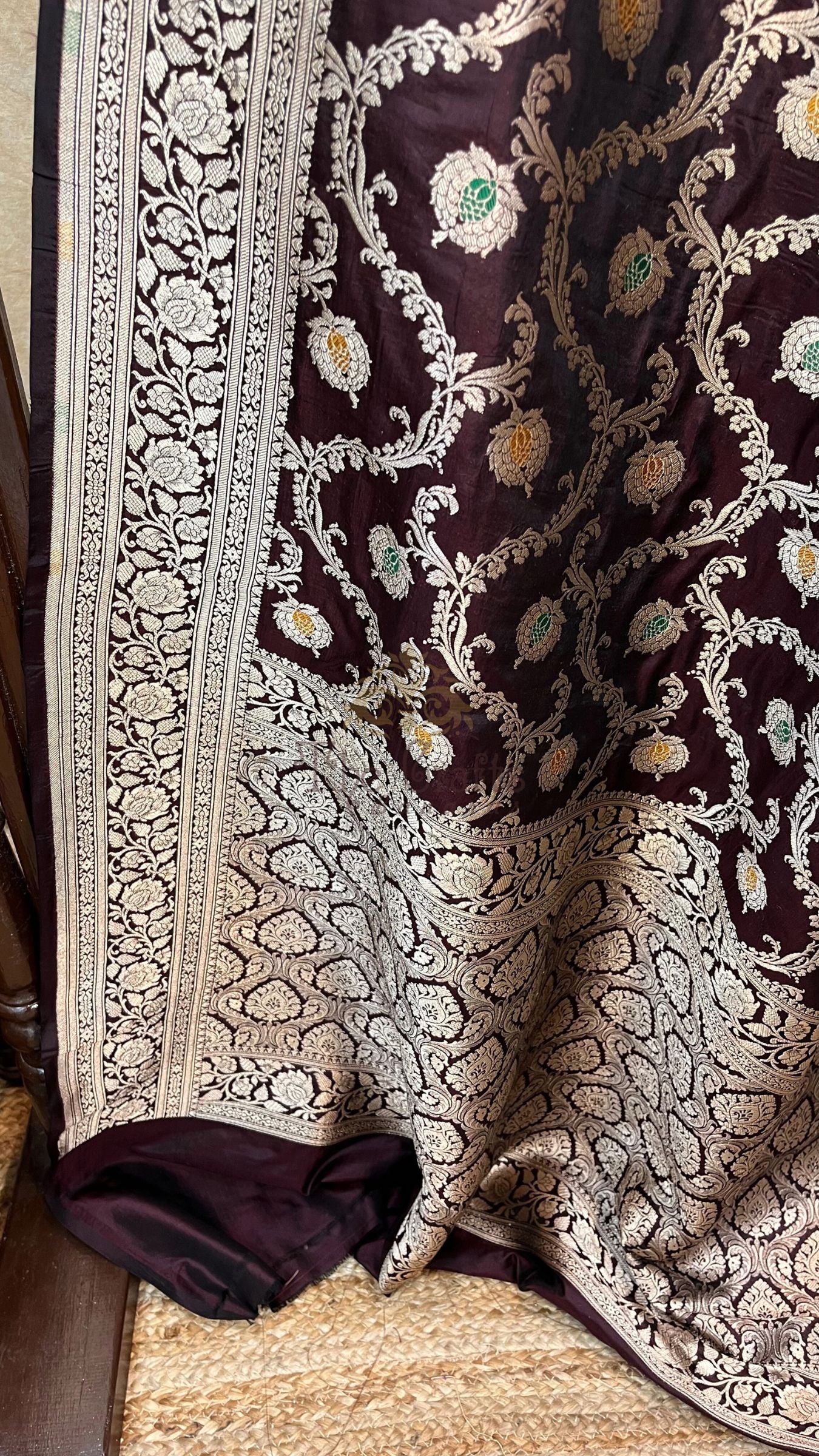 Pure Katan Silk Handloom Banarasi Saree - Jaal With Meenakari