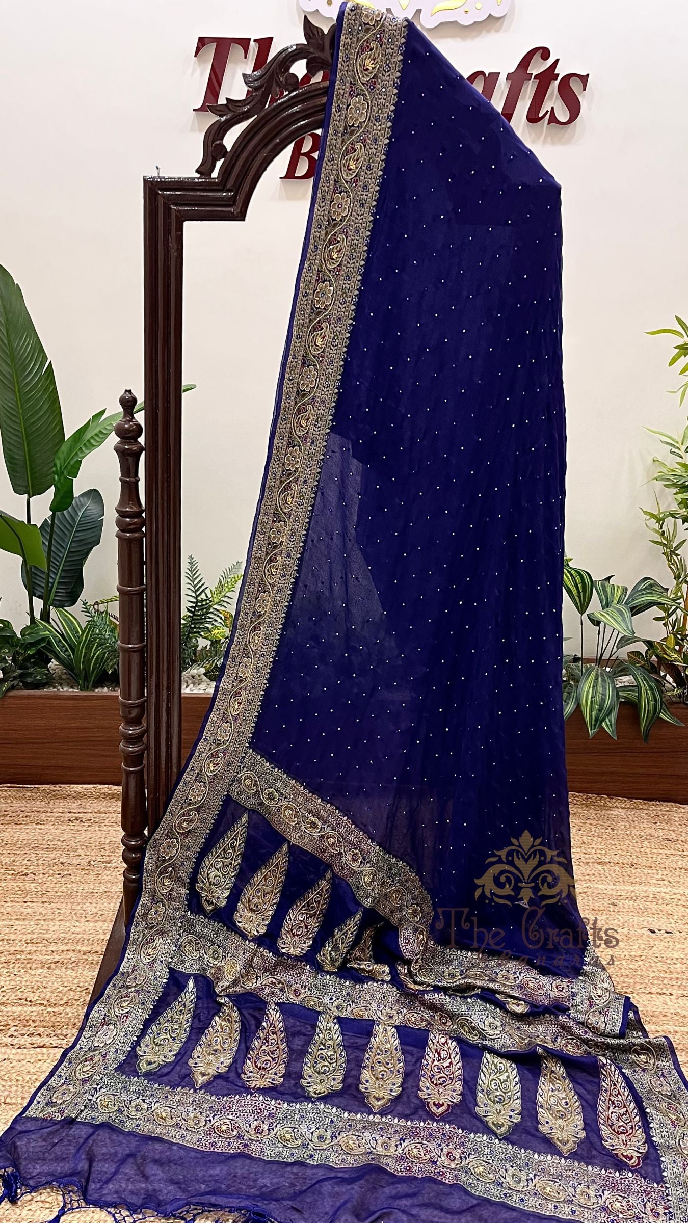 Pure Khaddi Chiffon Handloom Banarasi Saree - Handwork Mirror Cut Dana and Stone Work