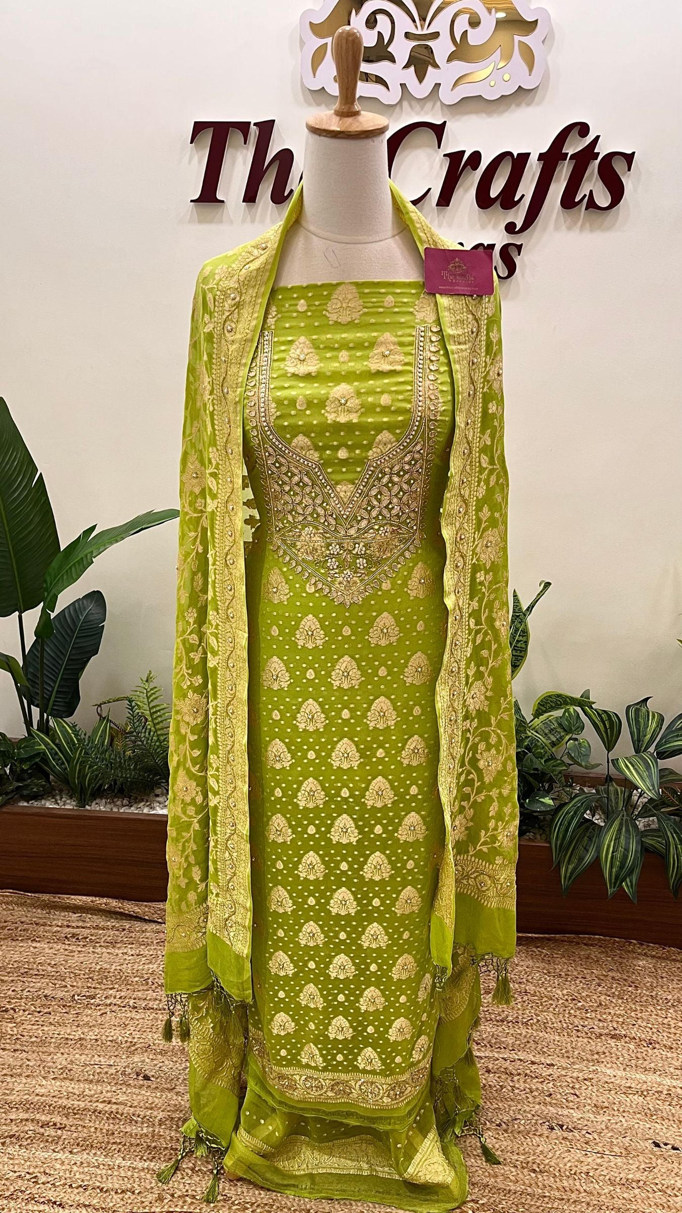 Banarasi Khaddi Georgette Dress Material - Handwork Gota Patti Zardozi Mirror Cut Dana and Stone Work