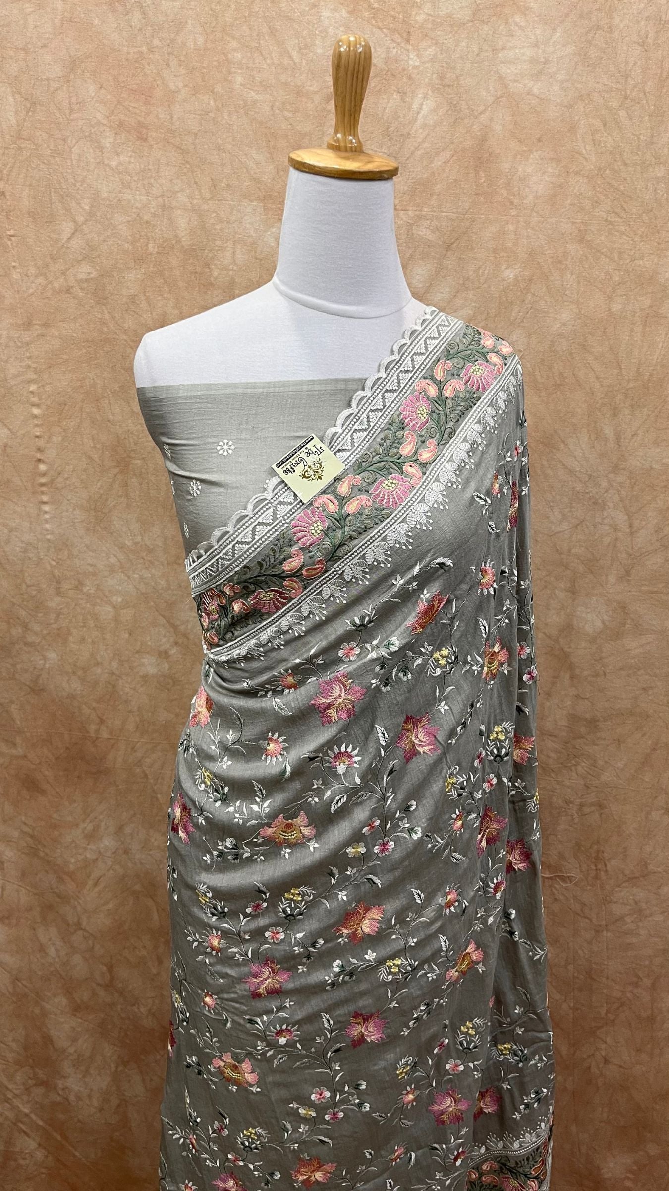 Pure Munga Silk Banarasi Saree - Chikankari all over