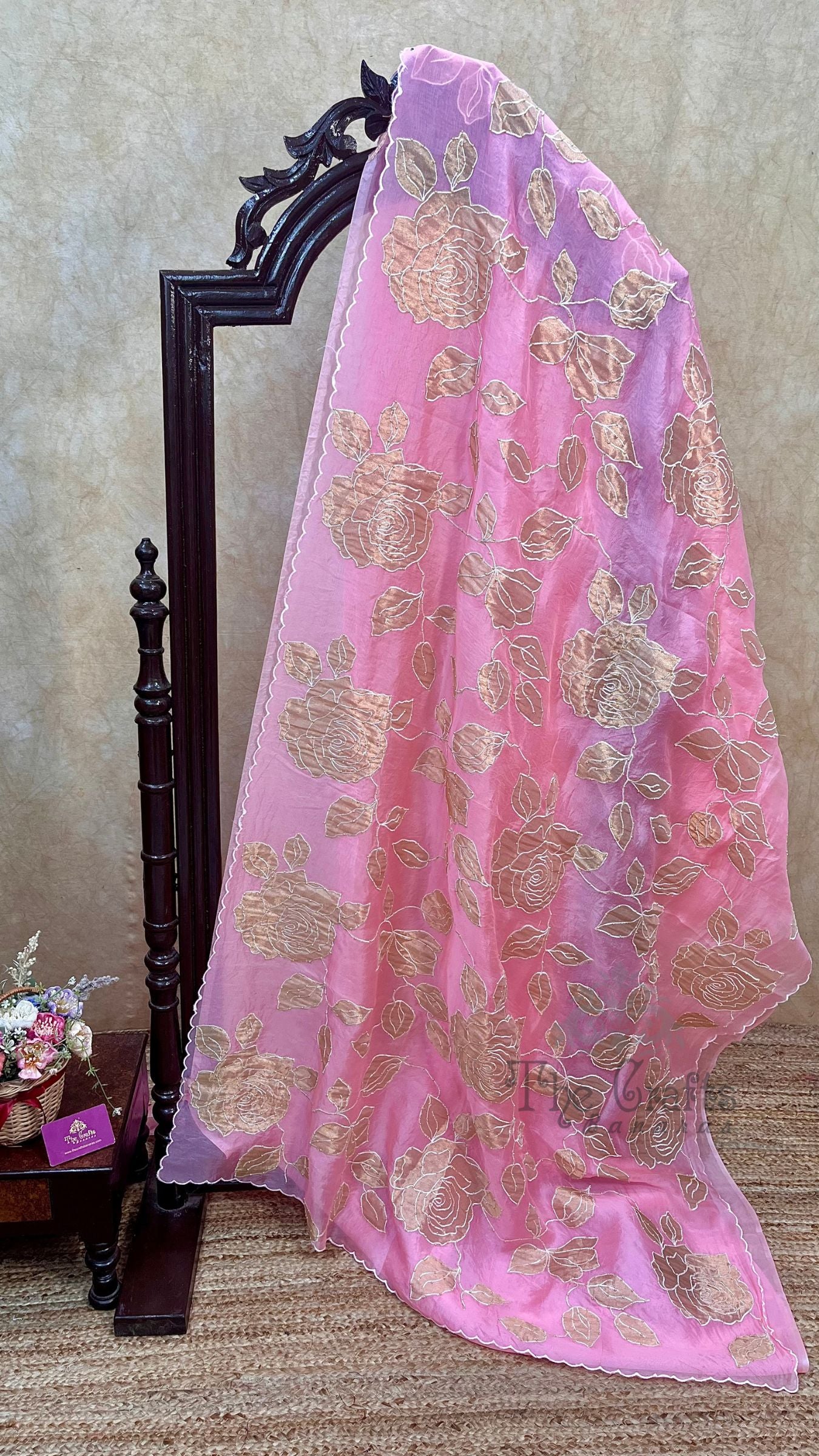 Pure Kora Organza Silk Banarasi Saree -  Applique work all over