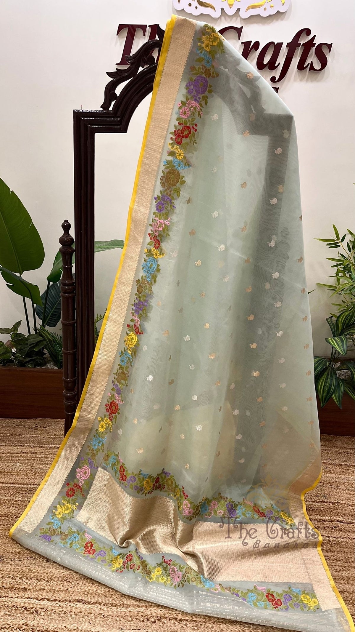 Pure Kora Silk Handloom Banarasi Saree - Kadhua Sona Rupa Bootis with Meenakari Border