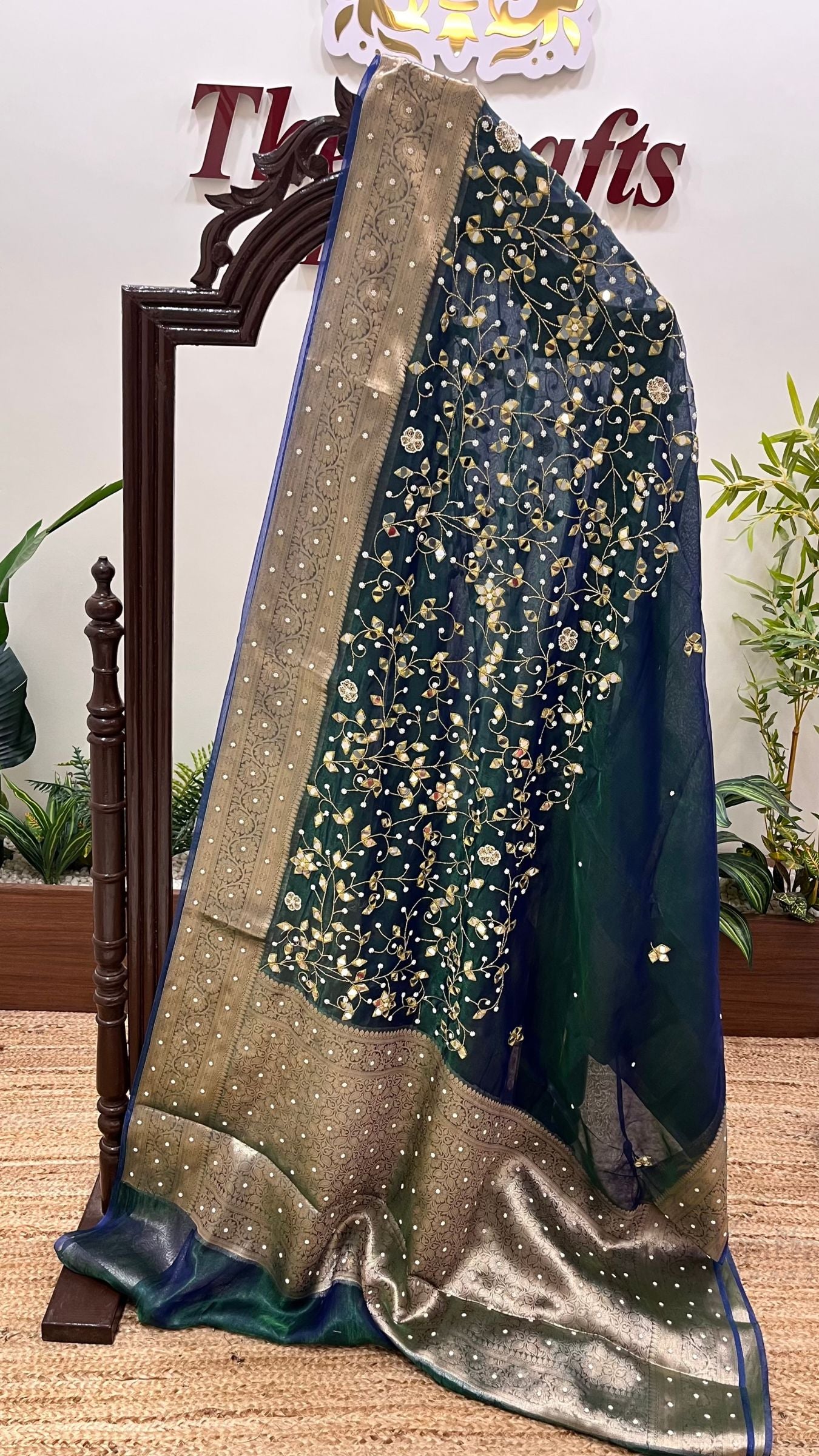 Pure Kora Tissue Silk Handloom Banarasi Saree - Handwork Zardozi Cut Dana and Stone Work