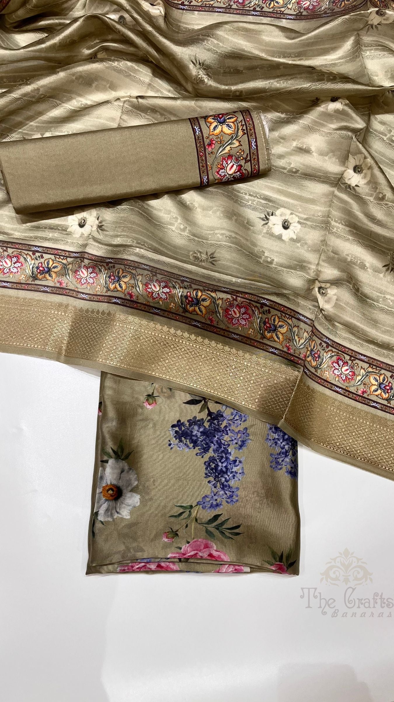 Pure Mango Silk Banarasi Dress Material - Digital Print All over