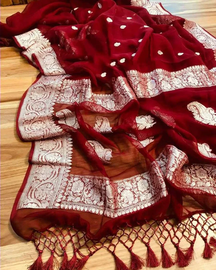 Red Pure Georgette Banarasi Saree - Silver Zari