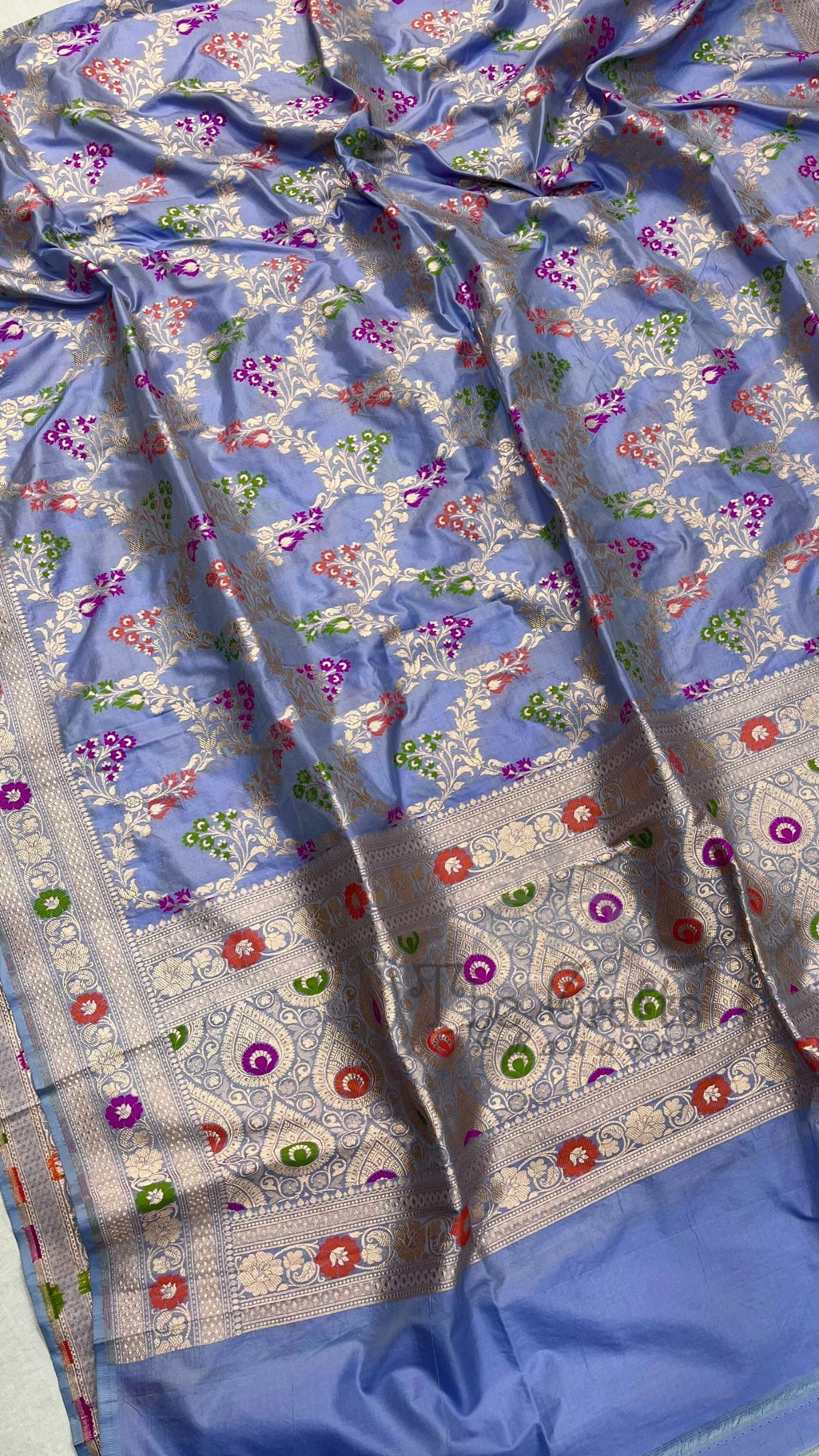 Pure Katan Silk Banarasi Handloom Dupatta - Jaal with  meenakari