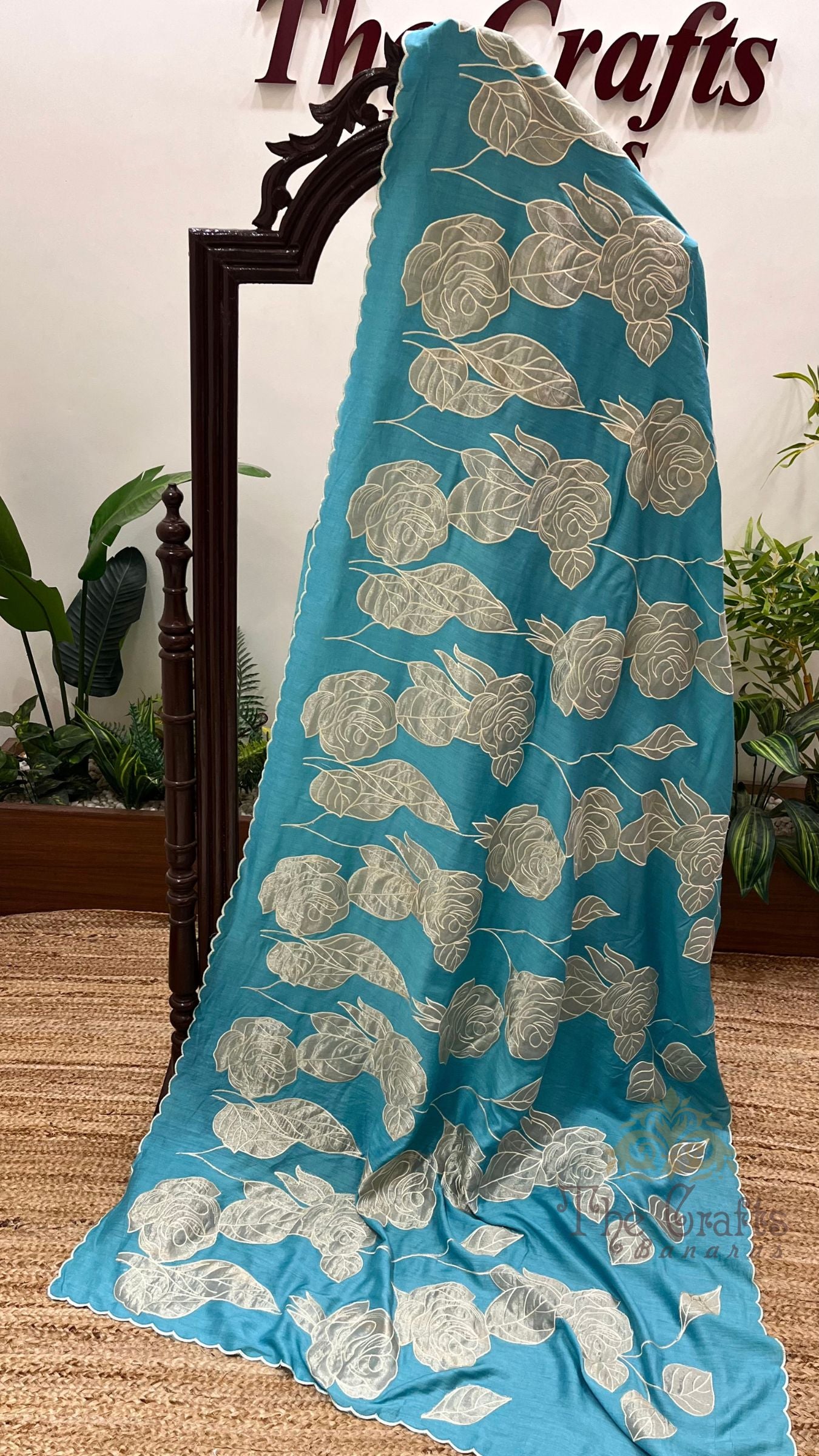 Pure Munga Silk Saree - Rose Appliqué Work