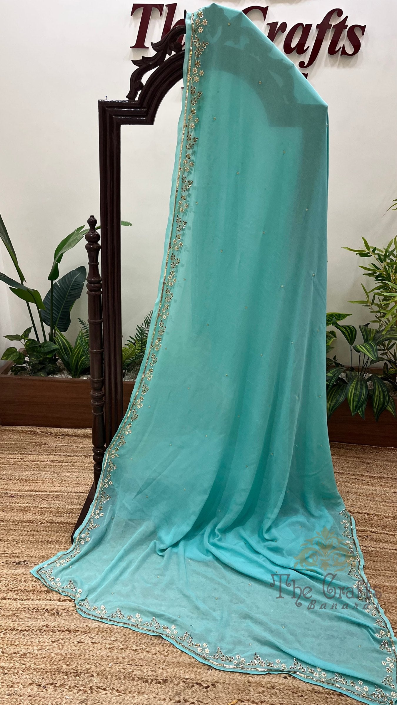 Pure Georgette Banarasi Saree - with Zardozi Floral Border & Sequin Motifs