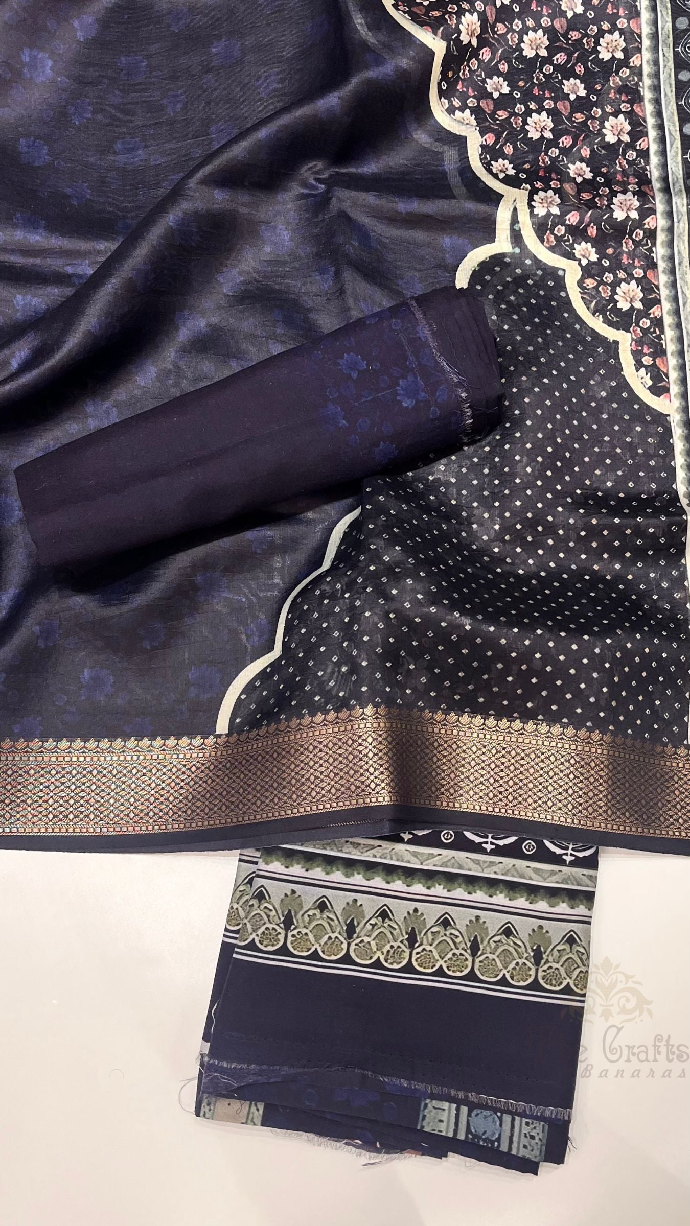 Pure Mango Silk Banarasi Dress Material - Digital Print All over