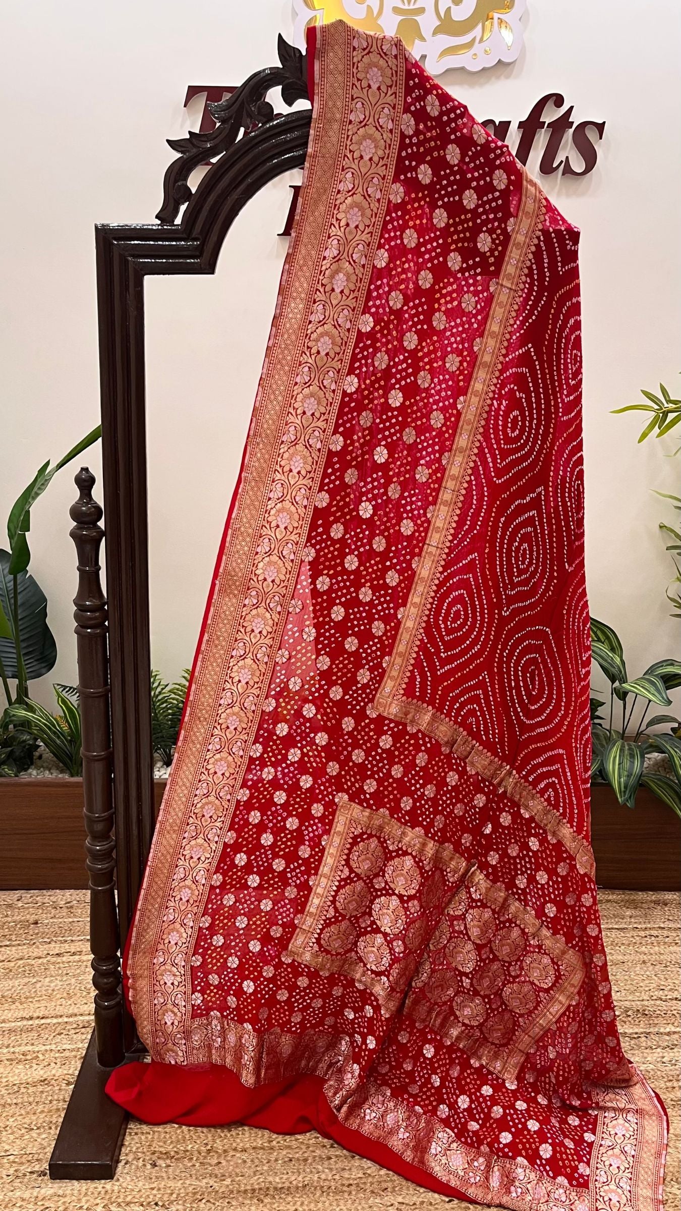 Pure Georgette Banarasi Handloom Bandhej Saree - All over Sona rupa Jaal work