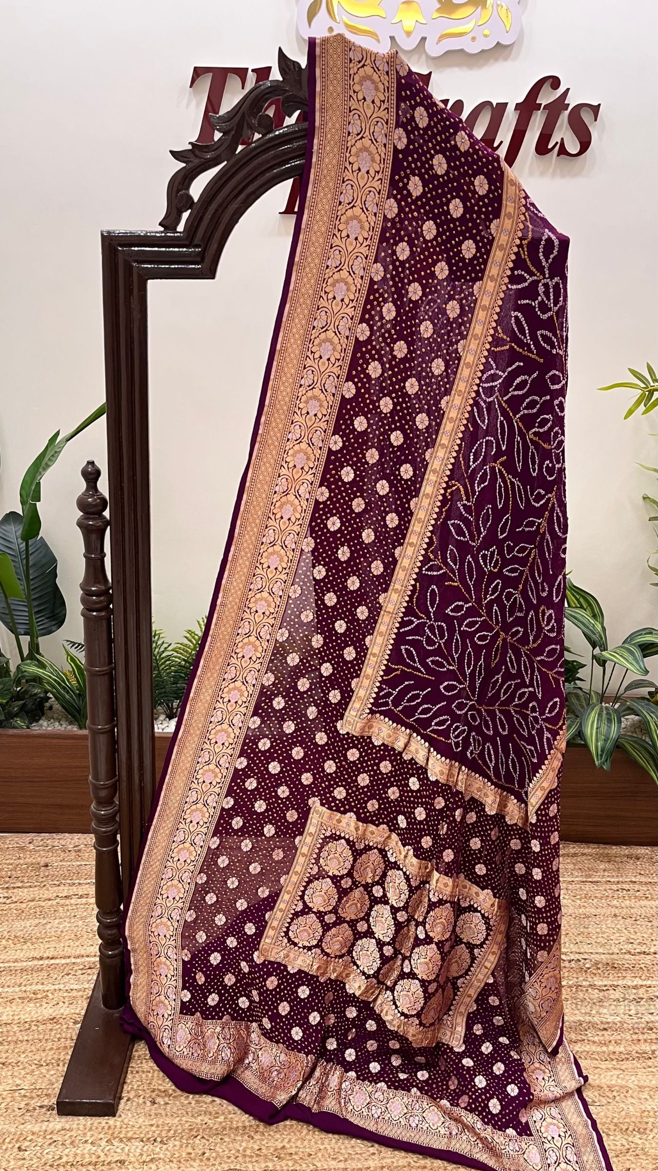 Pure Georgette Banarasi Handloom Bandhej Saree - All over Sona rupa Jaal work