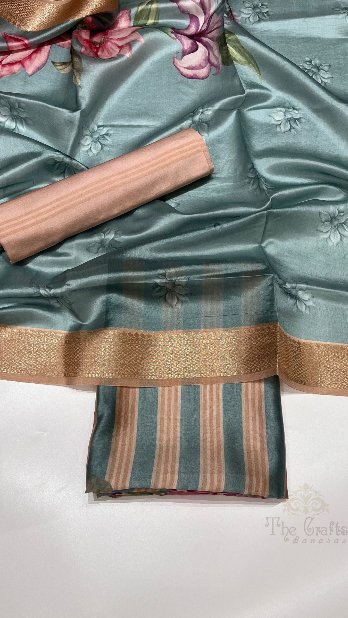 Pure Mango Silk Banarasi Dress Material - Digital Print All over