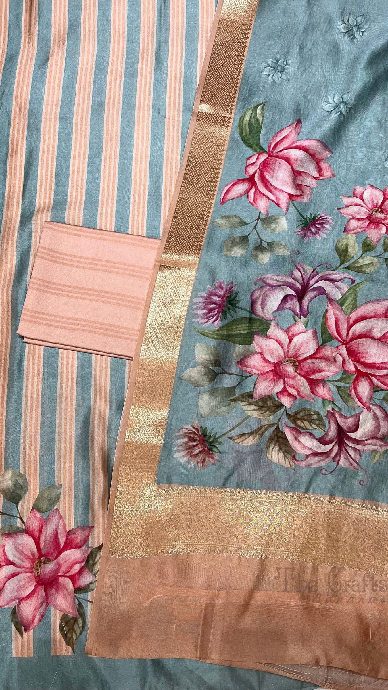 Pure Mango Silk Banarasi Dress Material - Digital Print All over