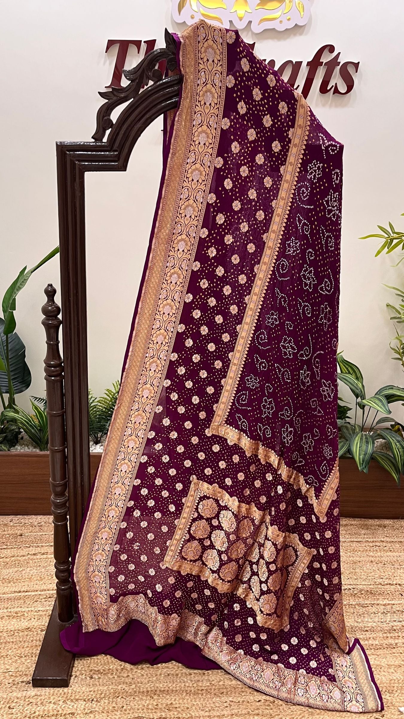 Pure Georgette Banarasi Handloom Bandhej Saree - All over Sona rupa Jaal work