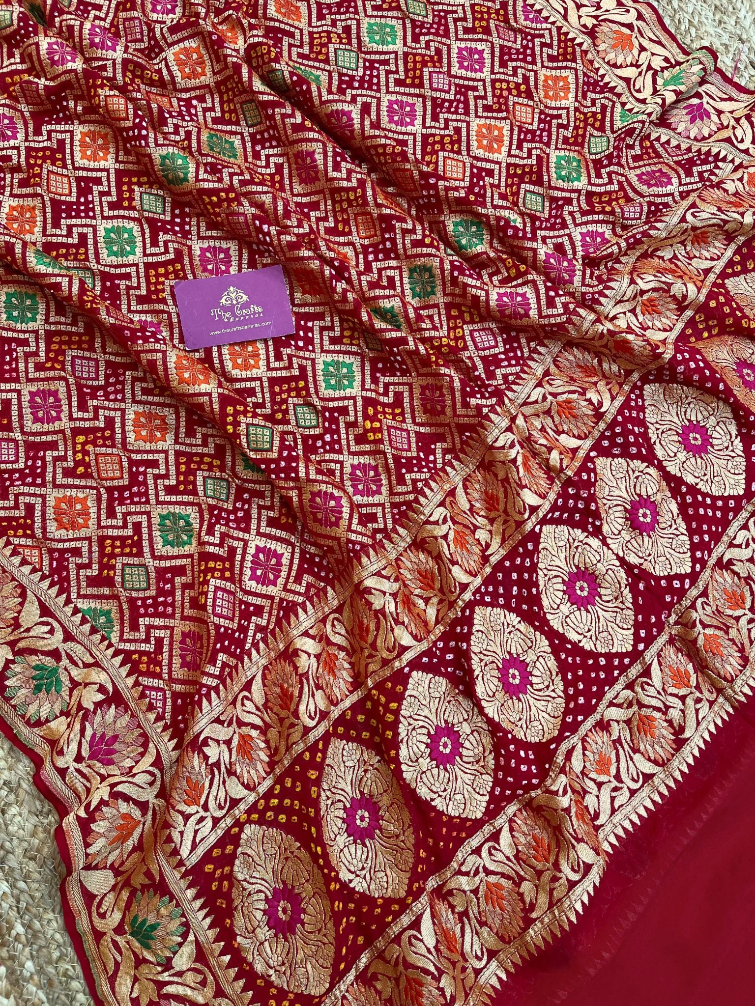 Khaddi Georgette Banarasi Handloom Bandhej Dupatta - Meenakari